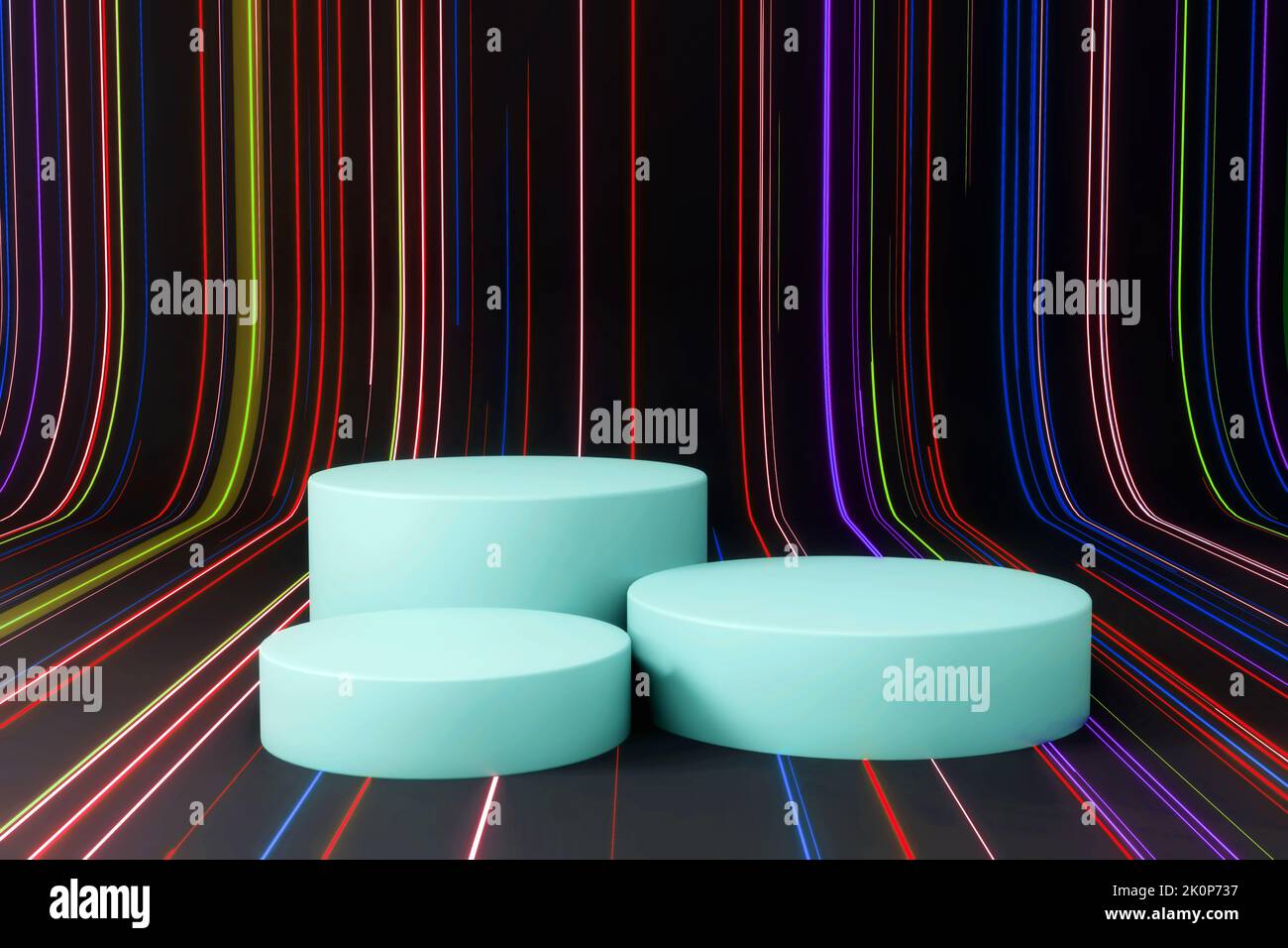 3D Render Podium Produktmockup mit futuristischem, abstraktem Neon-Hintergrund Stockfoto