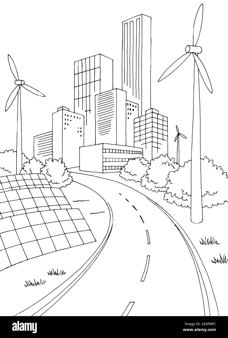 Eco City Grafik schwarz weiß Stadtbild Skyline vertikale Skizze Illustration Vektor Stock Vektor