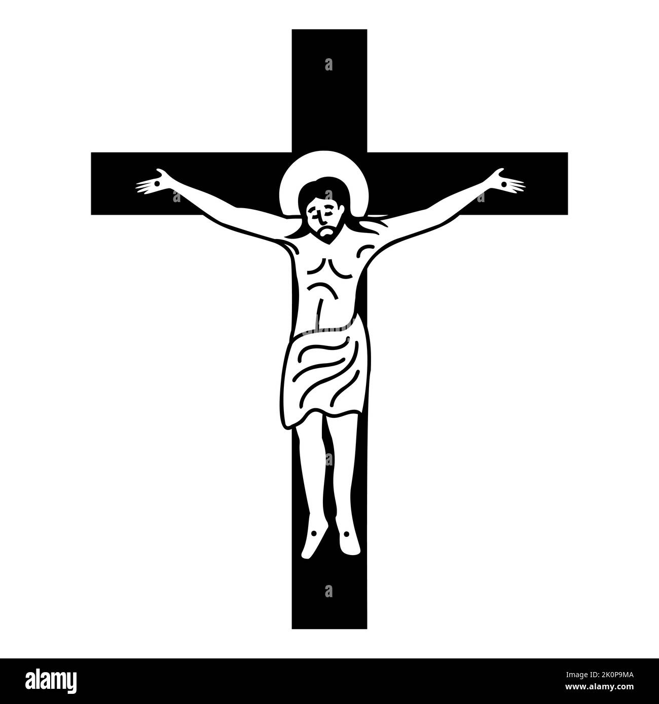Schwarze Ikone der Kreuzigung Christi am Kreuz. Biblische Geschichte. Flache Vektorgrafik. Stock Vektor