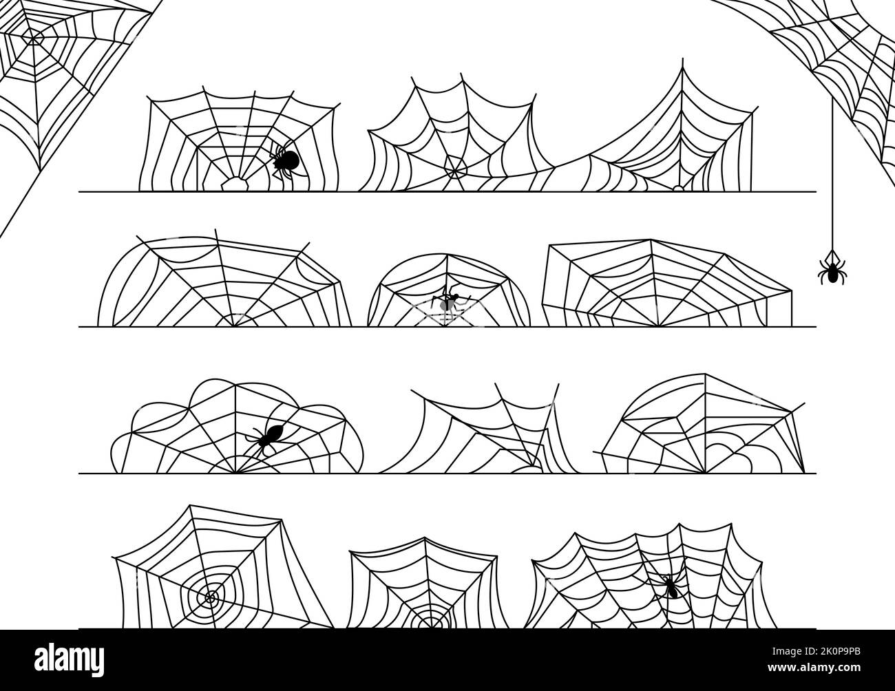 Spinnweben Grenze halloween-Dekorationen. Isoliertes Spinnennetz-Dekor, Ecken und Ornamente. Schwarze Spinnen Silhouetten auf Netz, anständig gruselig festlich Stock Vektor