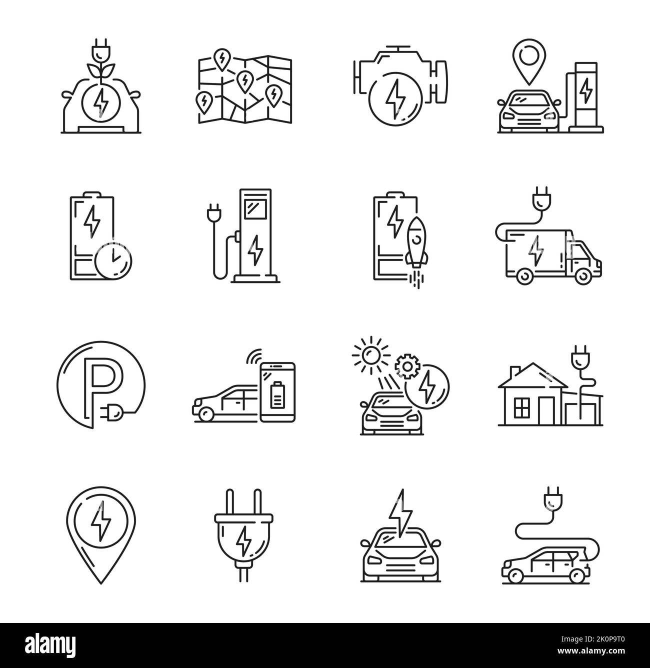 Symbole für die Ladefunktion von Elektroautos, Batteriestecker der Fahrzeugstation, Vector eco Auto Charger-Schilder. Elektrische Autos und Hybrid-Energie-Automobil-Ladepunkt, grüner Kraftstoff und EV-Stromkabel-Piktogramme Stock Vektor