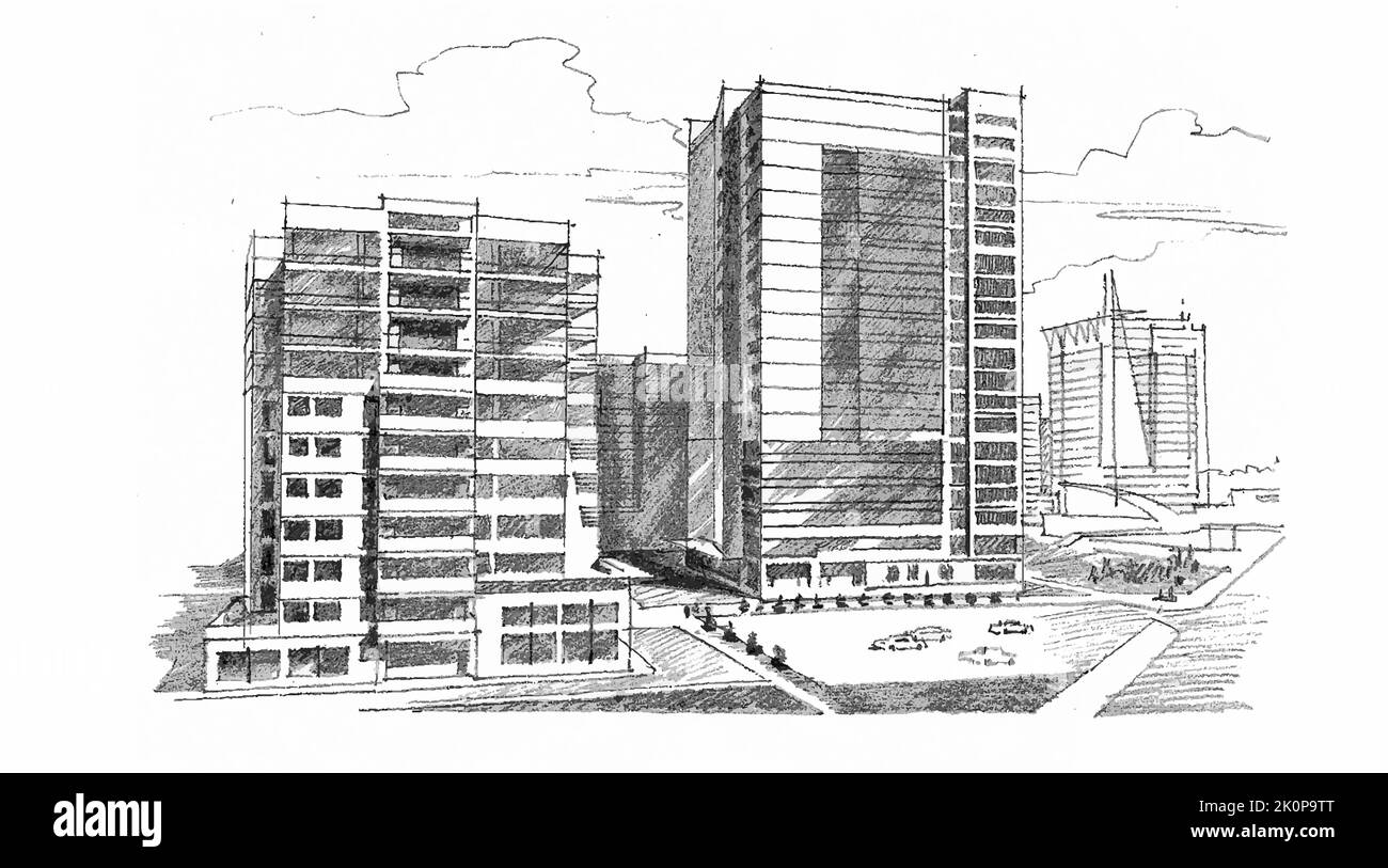 Architektonische Skizze eines mehrstöckigen Gebäudes. Freihändig Bleistiftzeichnung. Vektor Stock Vektor