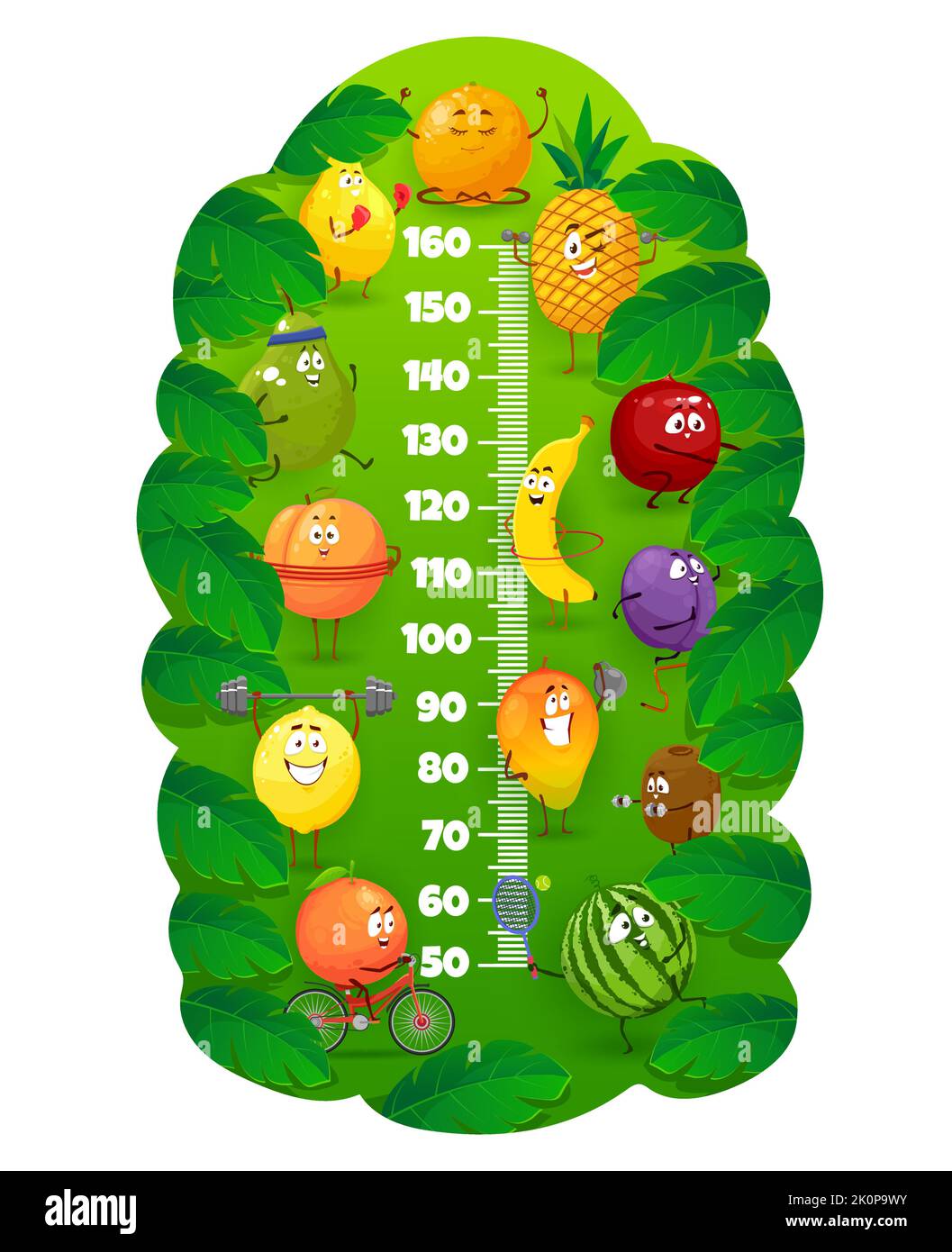 Happy Cartoon Früchte auf Fitness. Kinder-Höhendiagramm, Kinder ...