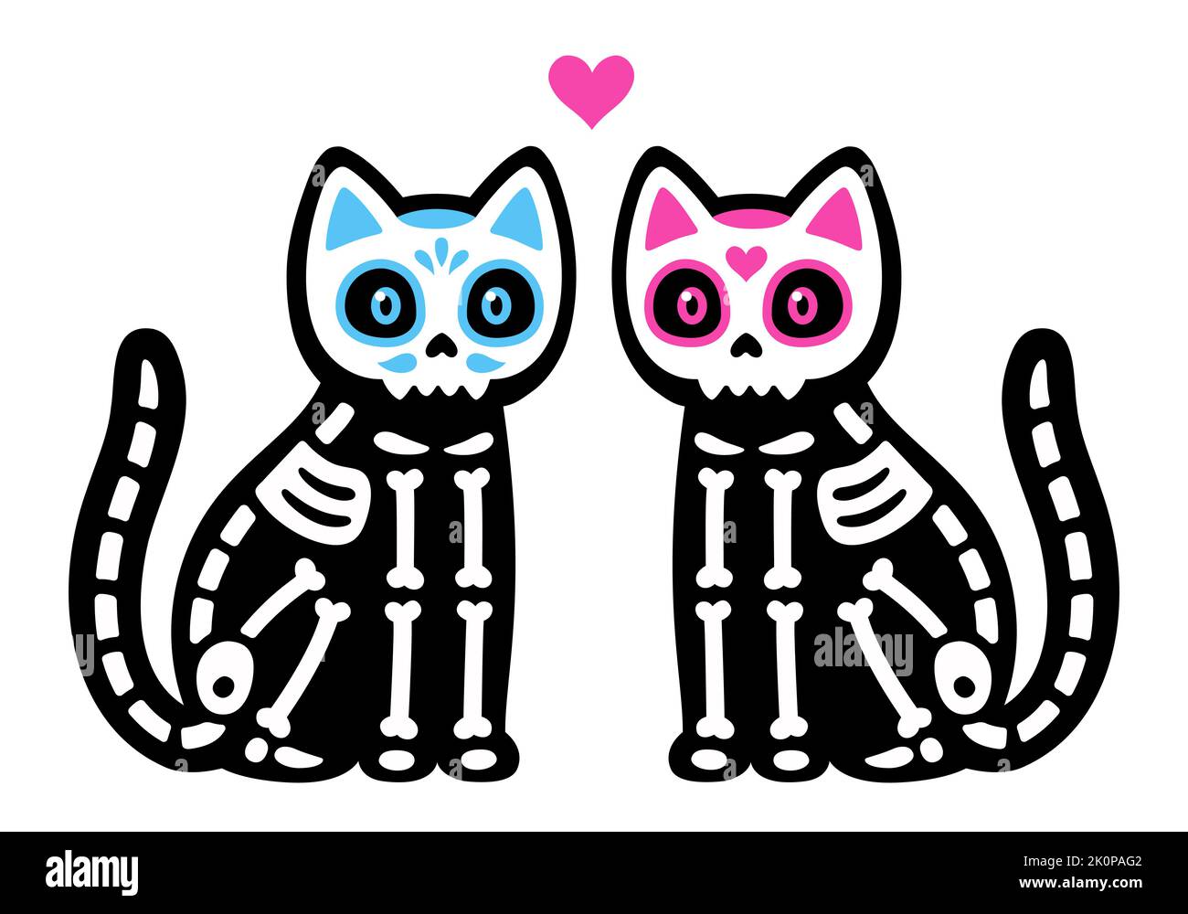 Zwei niedliche Cartoon schwarze Katzen mit mexikanischen bemalten Totenköpfen. Männliches und weibliches Skelettpaar. Dia de los Muertos (Tag der Toten) Zeichnung, Vektor illustrr Stock Vektor
