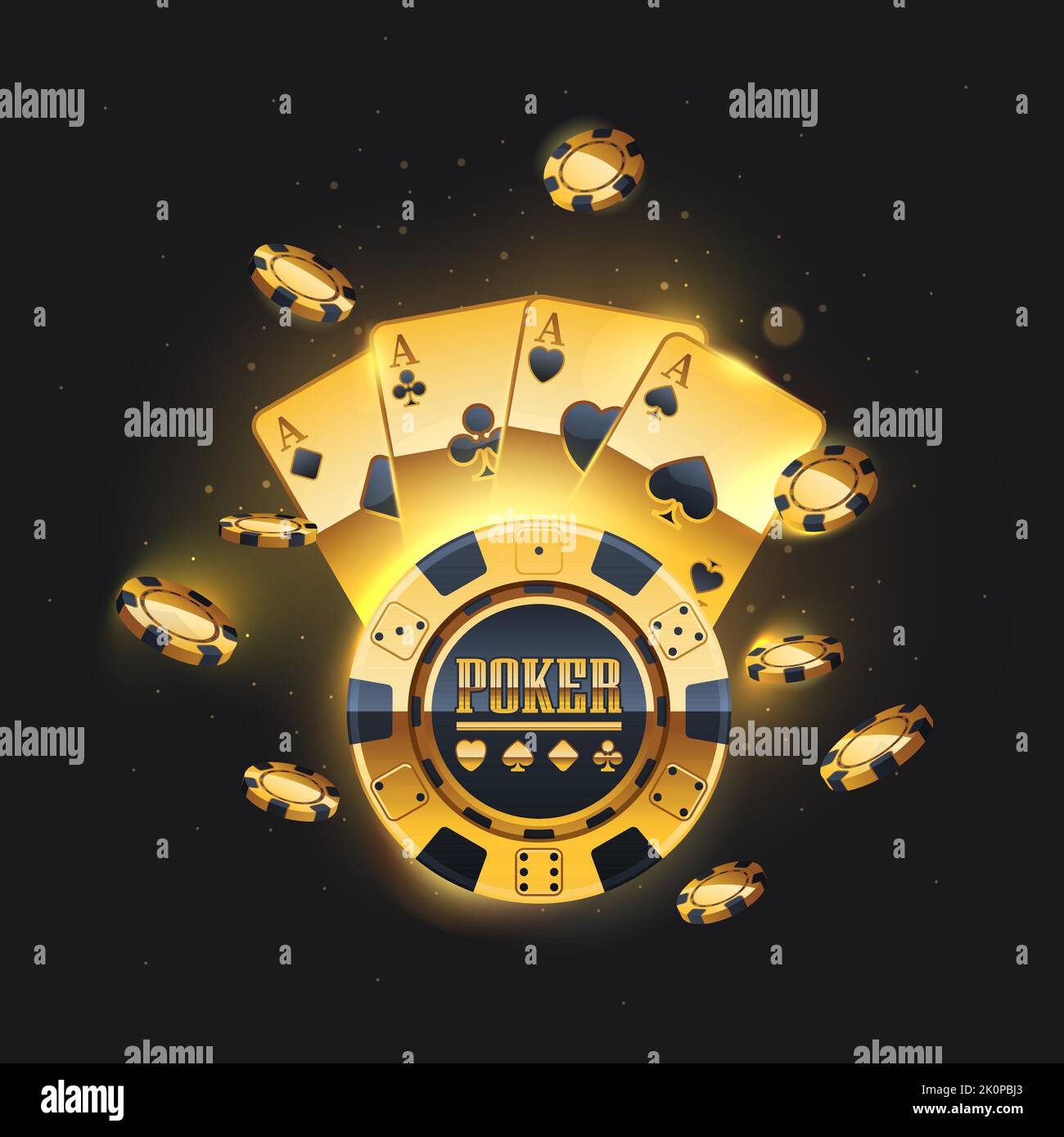 Goldene Spielkarten und Spielchips. Vektorgrafiken. Vier goldene Asse-Karten und Spielchips auf schwarzem Hintergrund. Casino Banner-Konzept. Stock Vektor