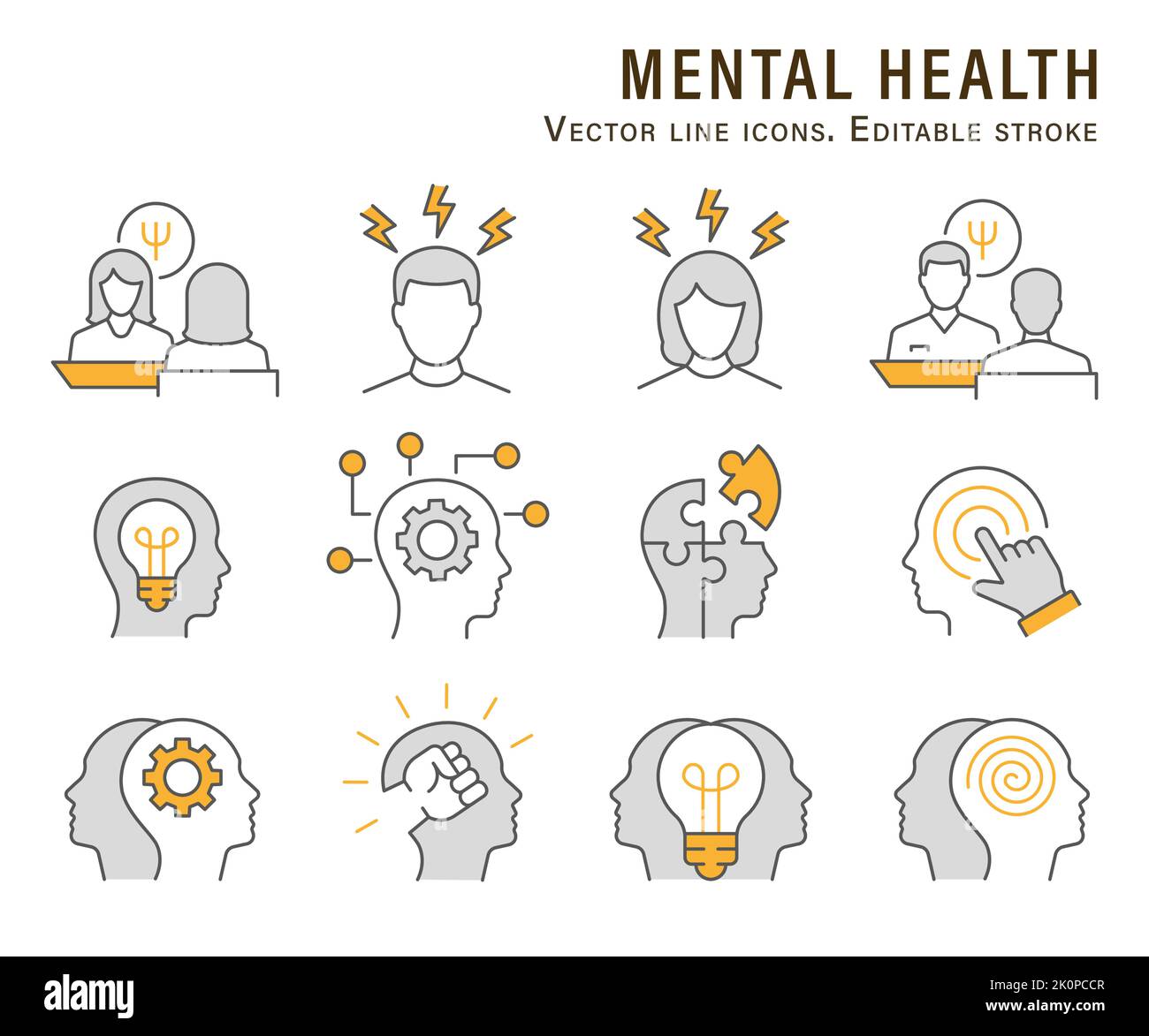 Psychologie flacher Symbolsatz. Sammlung von Geist, Gehirn, Emotion, psychische Gesundheit und mehr. Vektorgrafik. Bearbeitbare Konture. Stock Vektor