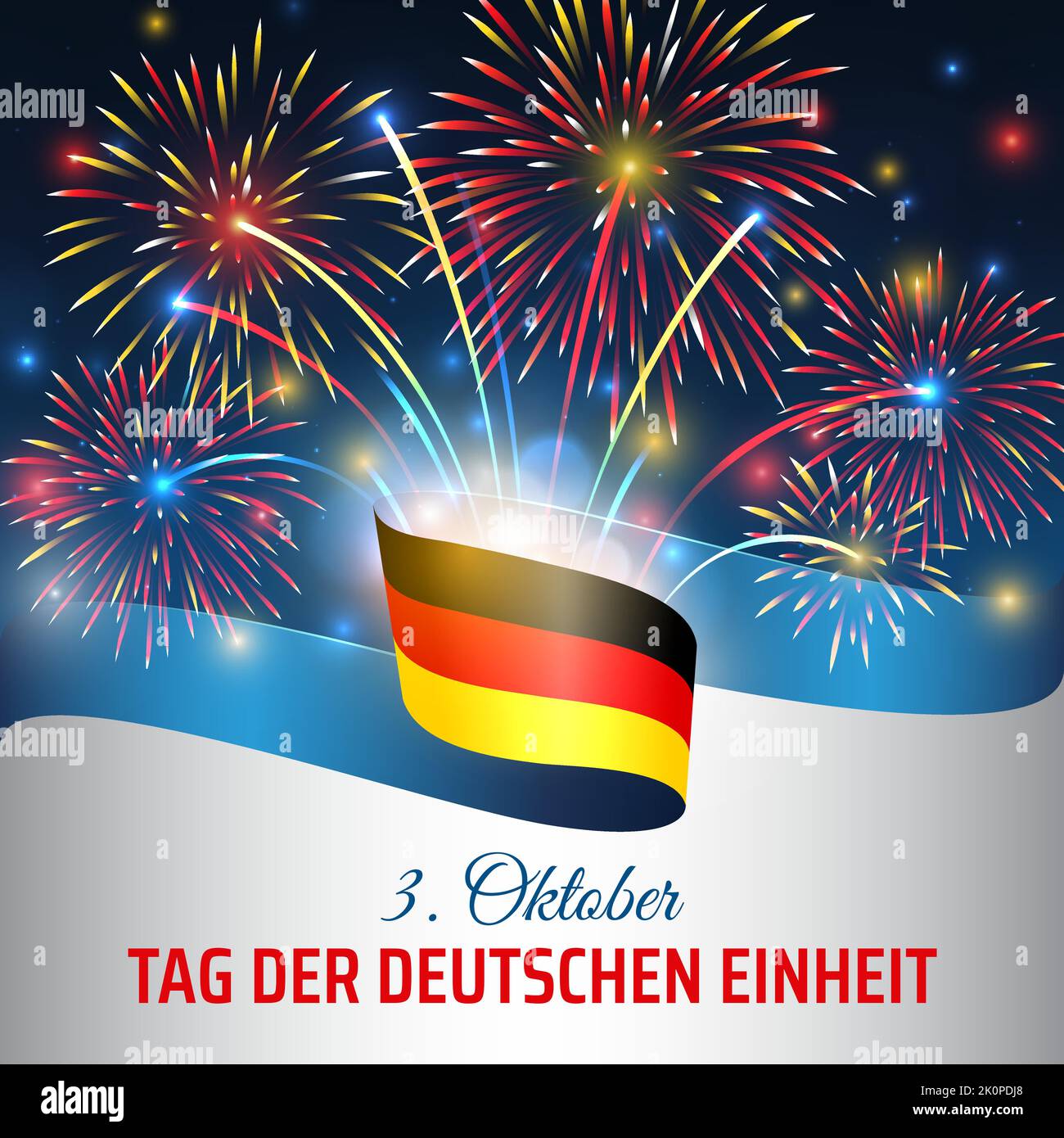 3. Oktober, deutscher Einheitstag, Vektorvorlage mit Flagge und buntem Feuerwerk auf blauem Nachthimmel-Hintergrund. Deutschland Nationalfeiertag. Grußkarte. T Stock Vektor