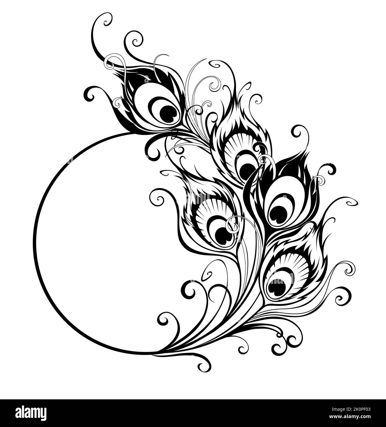 Rundes Monogramm mit Silhouette, kunstvoll bemalter Pfauenschwanz auf weißem Hintergrund. Pfauenfeder. Stock Vektor