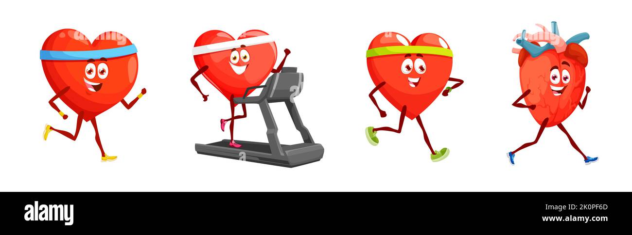 Cartoon Running Heart Charaktere niedlich gesunde starke Herzen, Vektor-Persönlichkeiten. Fröhliche, gesunde Herzfiguren laufen Cardio-Training, Fitness-Jogging oder Fitness-Laufband und laufen auf Marathon Stock Vektor
