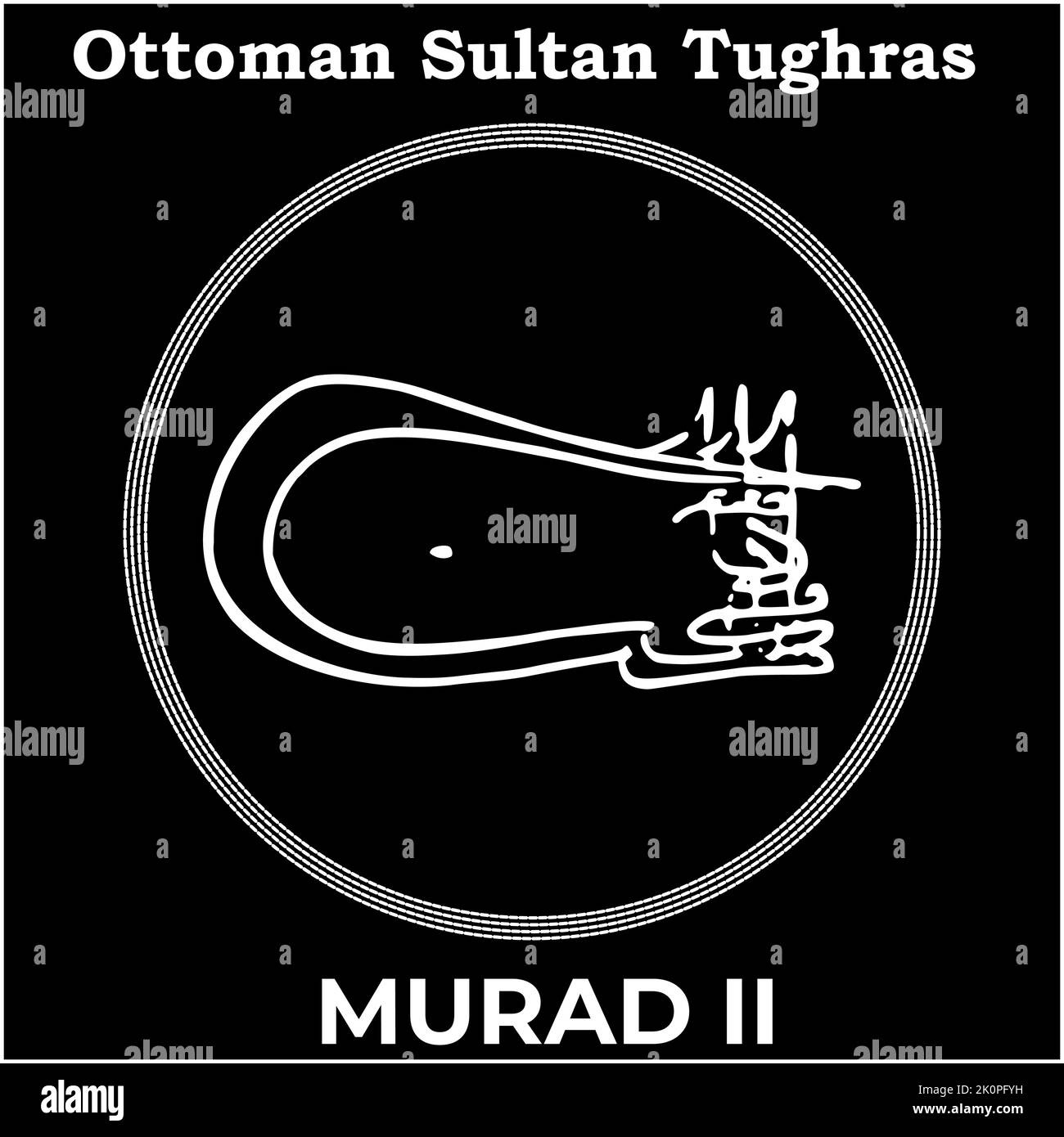 Vektorbild mit Tughra-Signatur des osmanischen Sechsten Sultans Murad II, Tughra von Murad II mit schwarzem Hintergrund. Stock Vektor