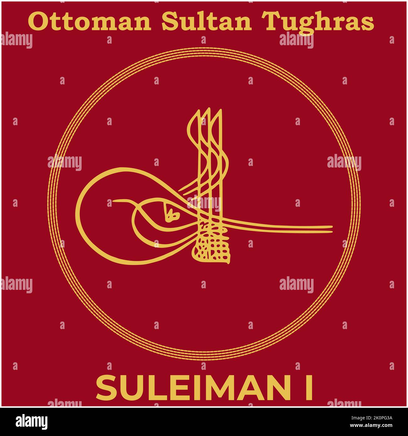 Vektorbild mit Tughra-Signatur des osmanischen zehnten Sultans Suleiman I (Suleiman der prächtige), Tughra von Suleiman I mit traditionellen türkischen Painti Stock Vektor
