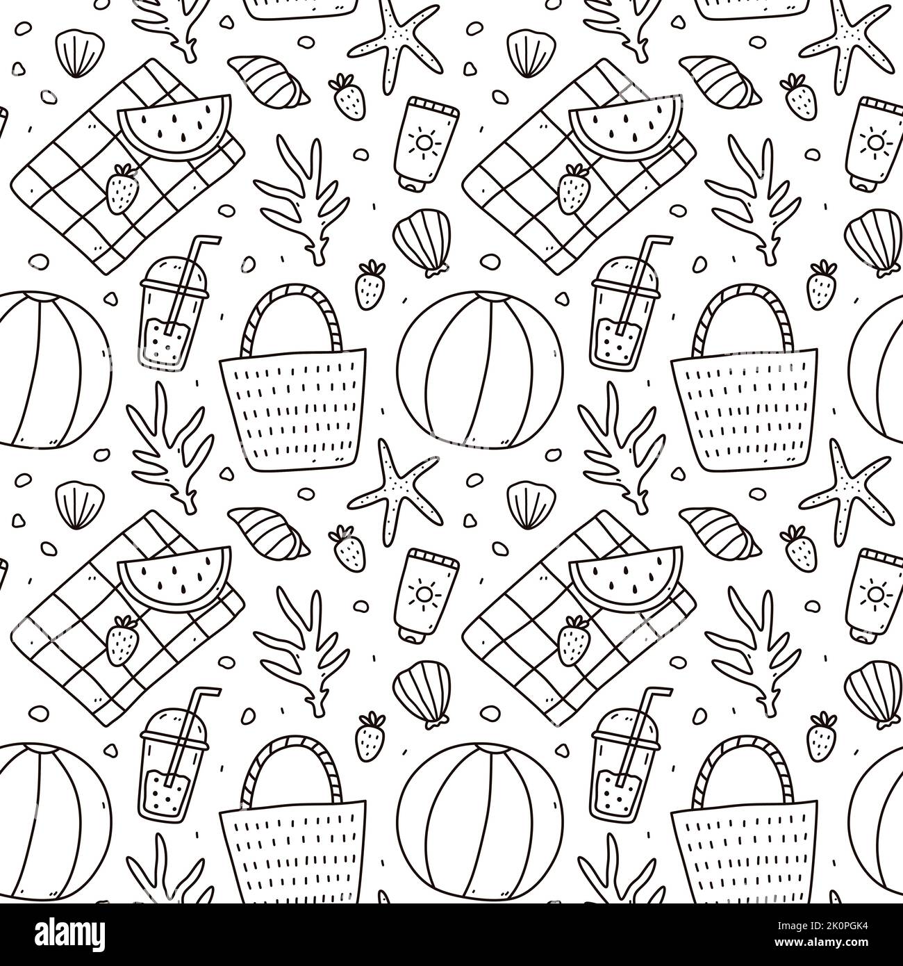 Niedliches nahtloses Muster mit Sommerkritzeln - Strandball, Weidensack, Sonnencreme, Wassermelone, Korallen, Seesterne und Muscheln. Handgezeichnete Vektorgrafik. Perfekt für Druck, Geschenkpapier, Tapete. Stock Vektor