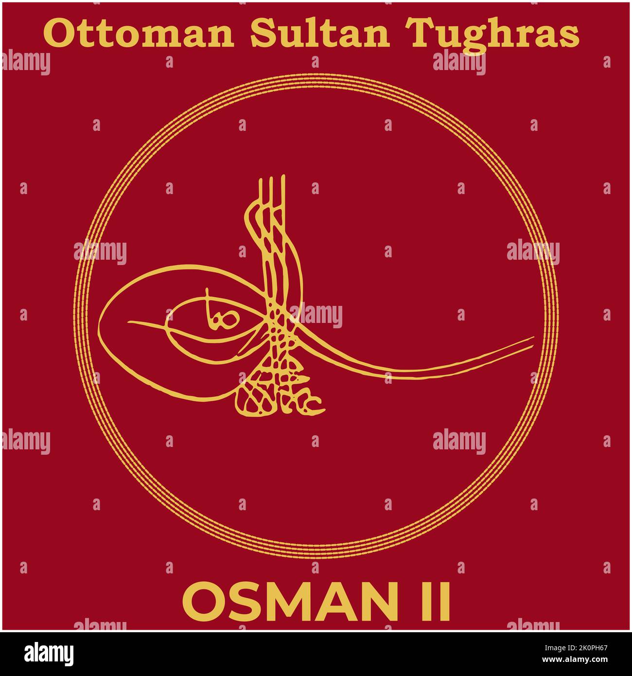 Vektorbild mit Tughra Unterschrift des osmanischen sechzehnten Sultan Osman II, Tughra von Osman II mit traditionellen türkischen Malerei Hintergrund. Stock Vektor
