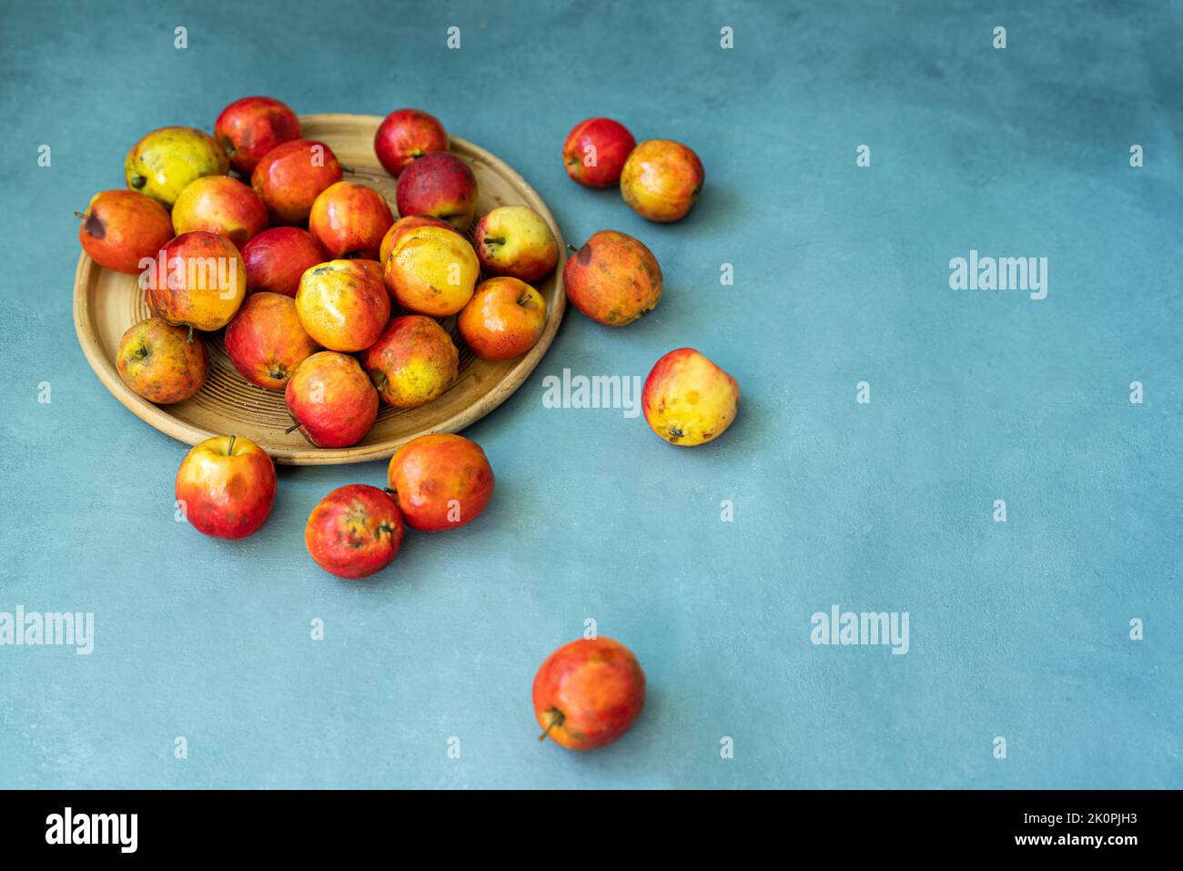 Frische rote Äpfel auf grauem Hintergrund. Obst. Blick von oben. Freier Speicherplatz für Text. Hochwertige Fotos Stockfoto