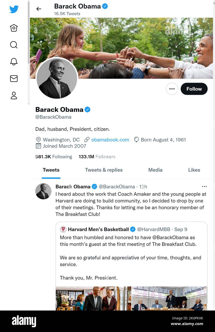 Twitter-Seite (September 2022) von Barack Obama, dem ehemaligen US-Präsidenten Stockfoto