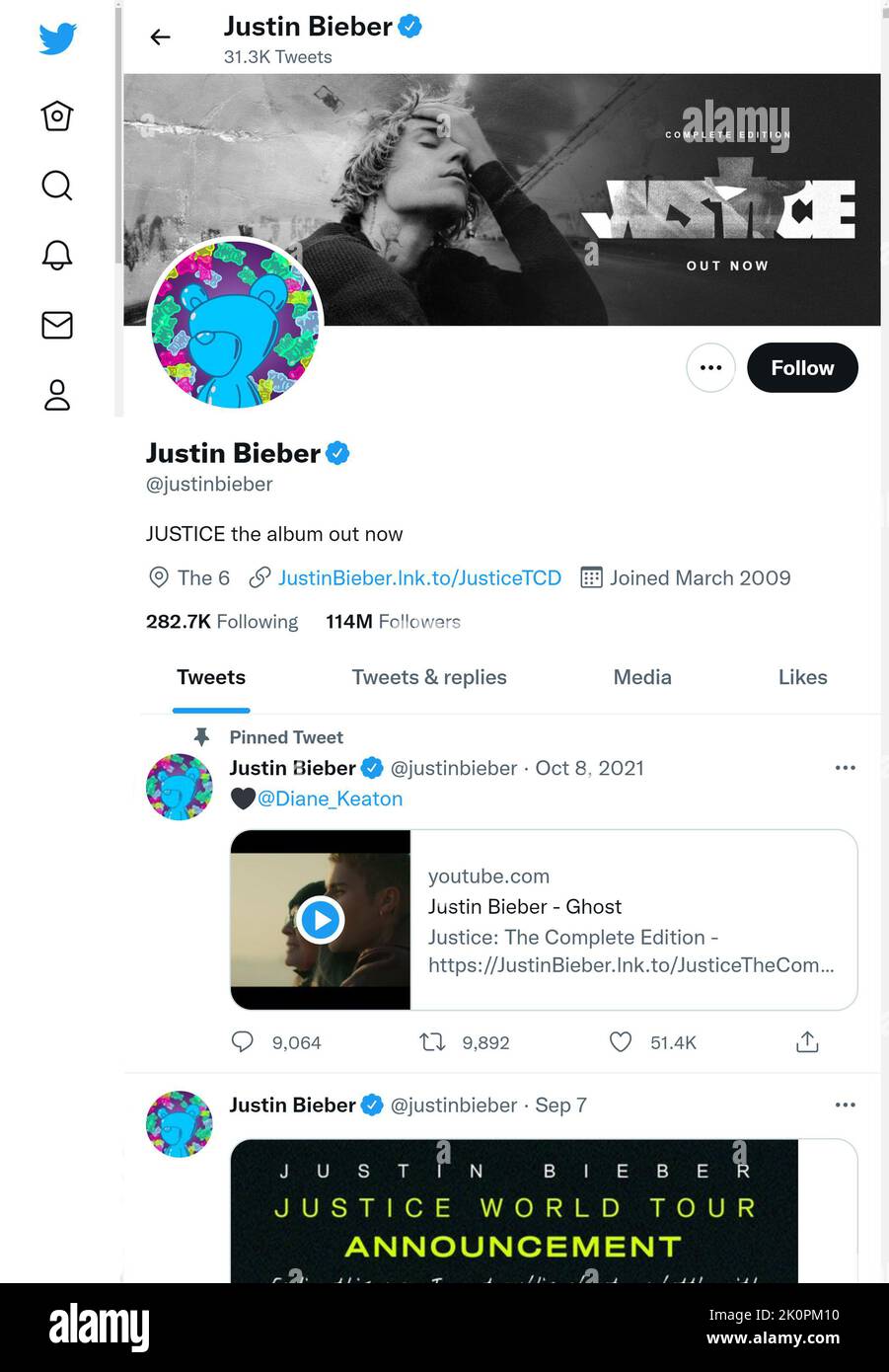 Twitter-Seite (September 2022) von Justin Bieber Stockfoto