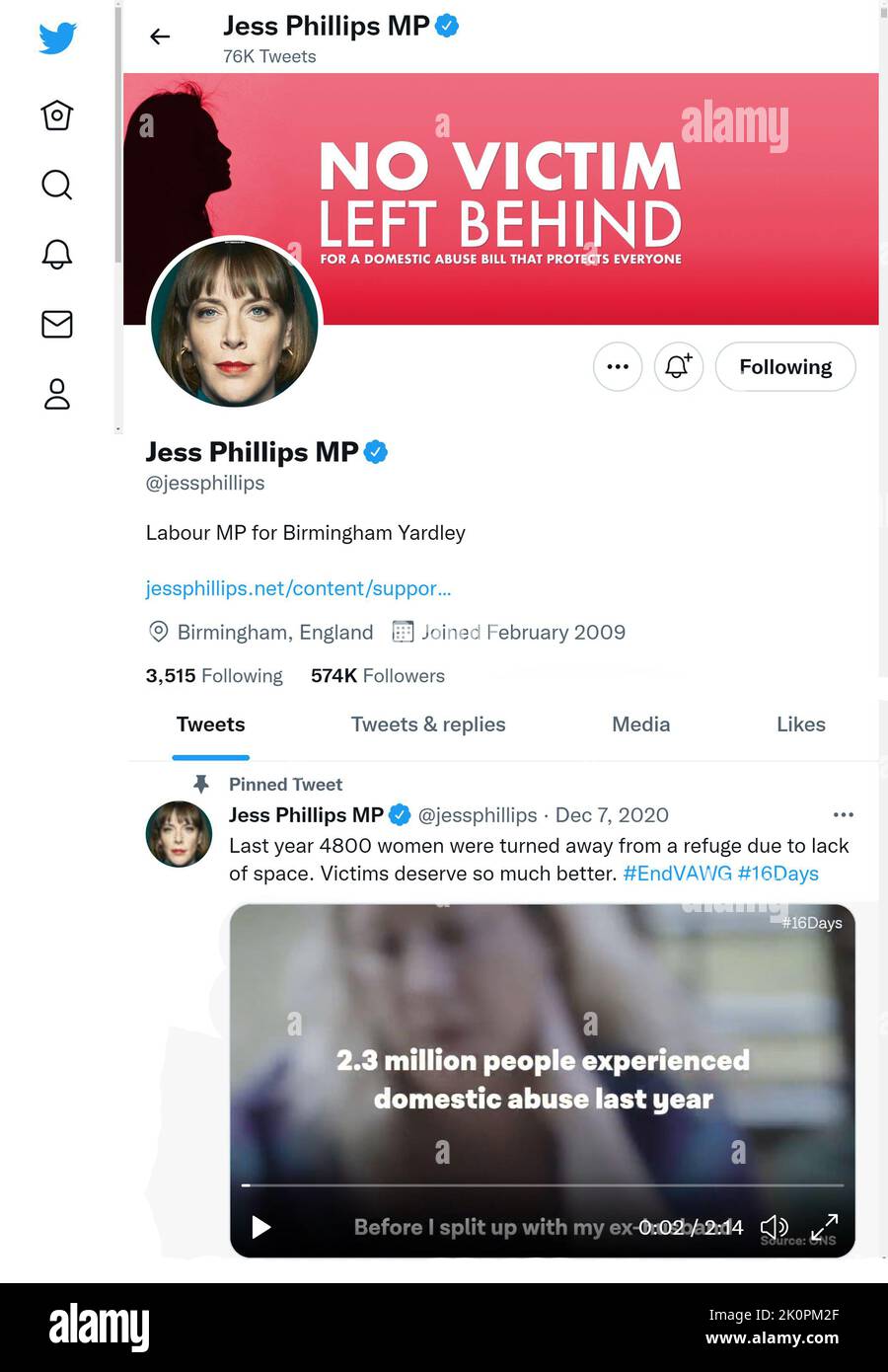 Twitter-Seite (September 2022) des Abgeordneten Jess Phillips (Labor) Stockfoto