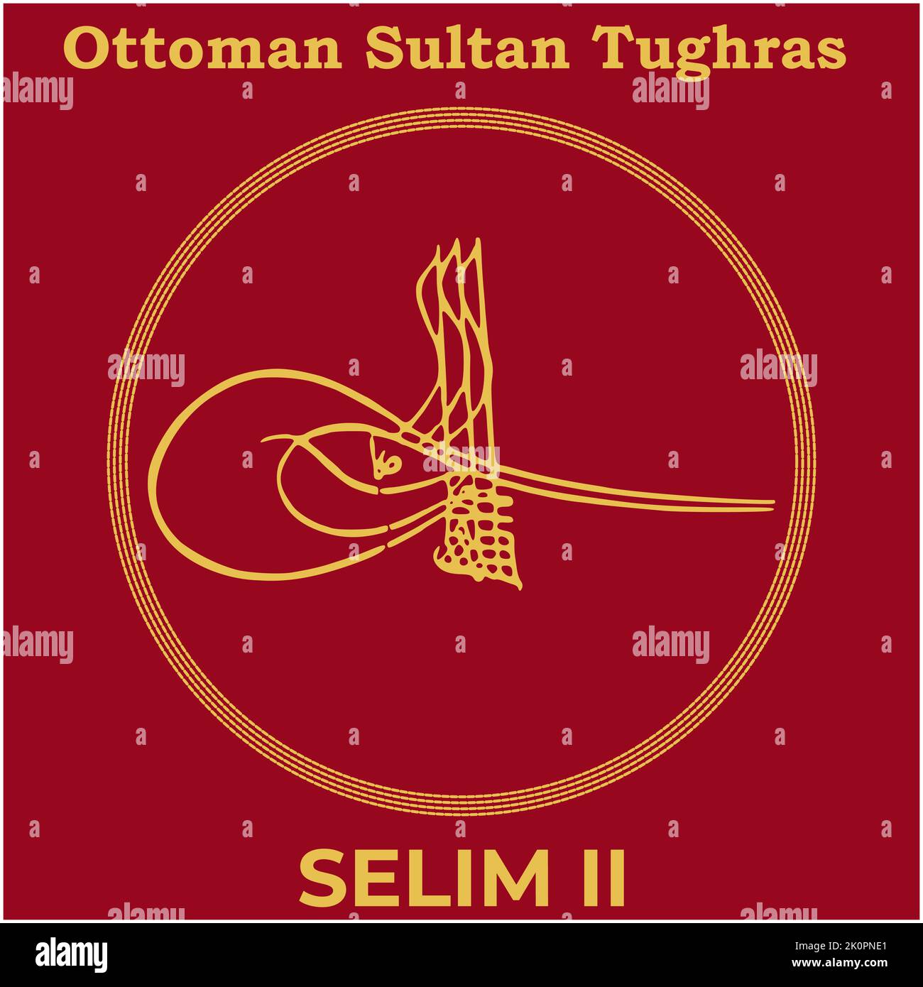Vektorbild mit Tughra-Signatur des osmanischen elften Sultans Selim II, Tughra von Selim II mit traditionellem türkischen Malhintergrund. Stock Vektor
