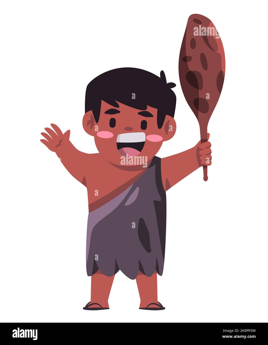 Prähistorische Figur mit Keule Illustration eines glücklichen Kindes in Höhlenmenschen-Kleidung Stock Vektor