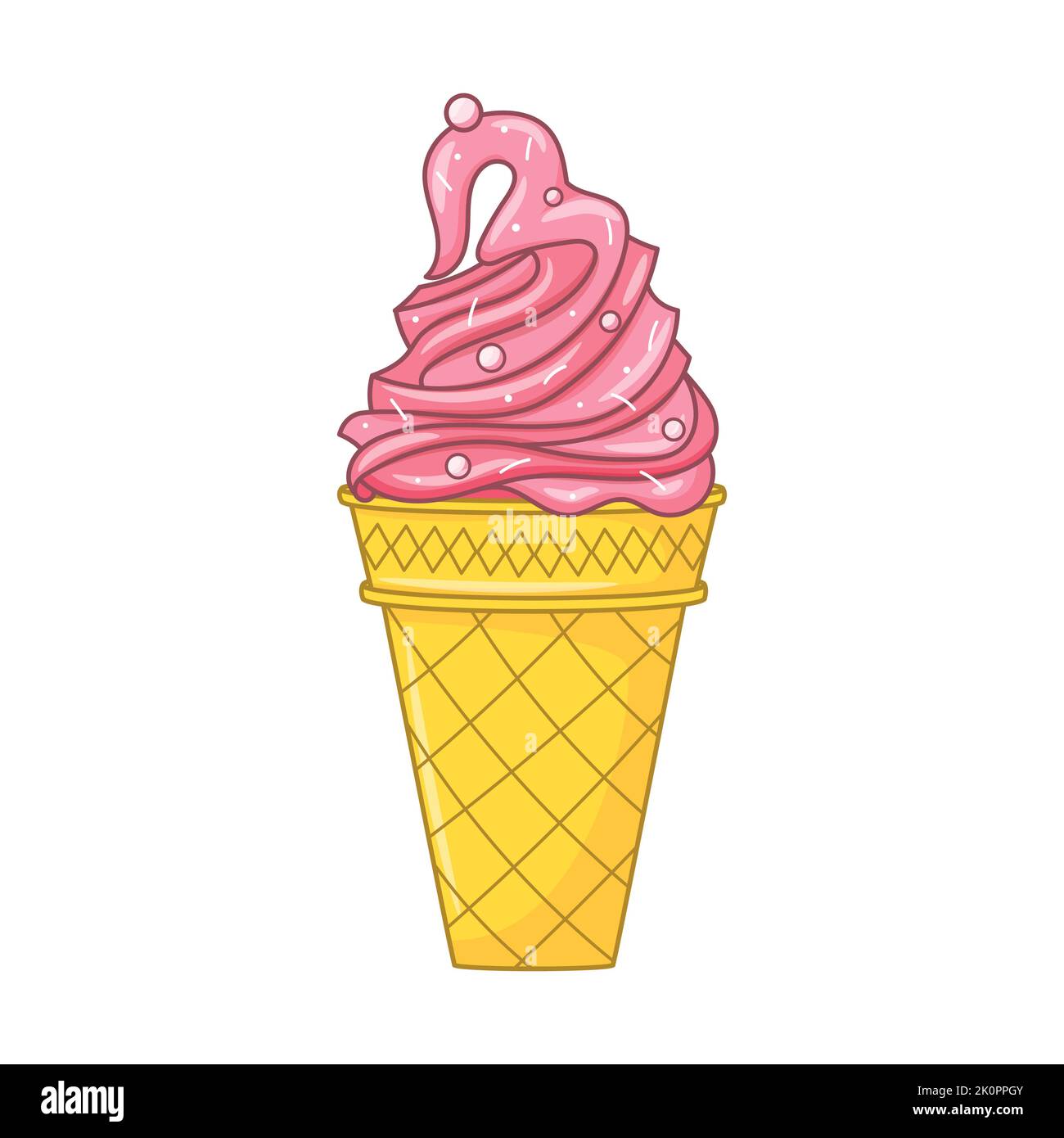 Rosafarbenes Eis in einem Waffelkegel mit Glasur. Helles, sommerliches, süßes Essen. Köstliches gefrorenes Dessert. Vektor farbigen Doodle handgezeichnete Illustration isoliert Stock Vektor