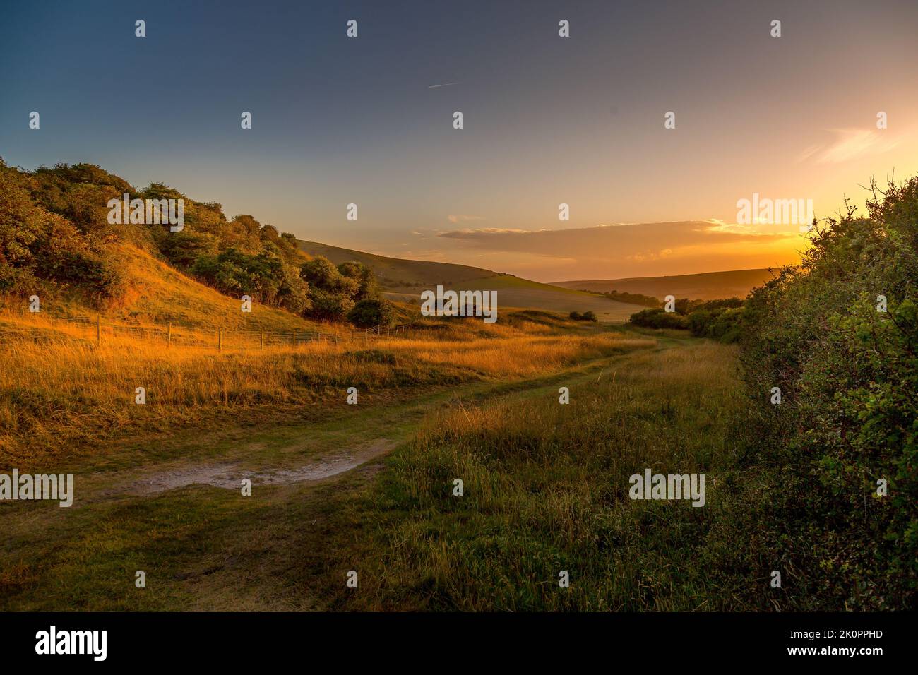 Die Sussex Downs bei Crowlink, East Sussex, bei Sonnenuntergang Stockfoto