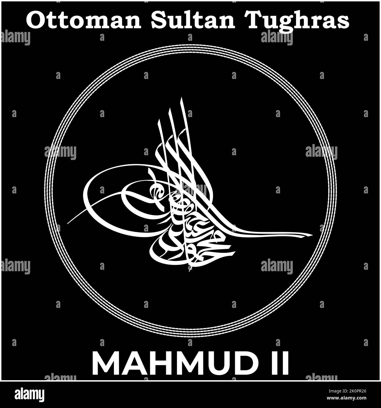Vektorbild mit Tughra-Signatur des osmanischen dreißigsten Sultans Mahmud II., Tughra von Mahmud II. Mit schwarzem Hintergrund. Stock Vektor