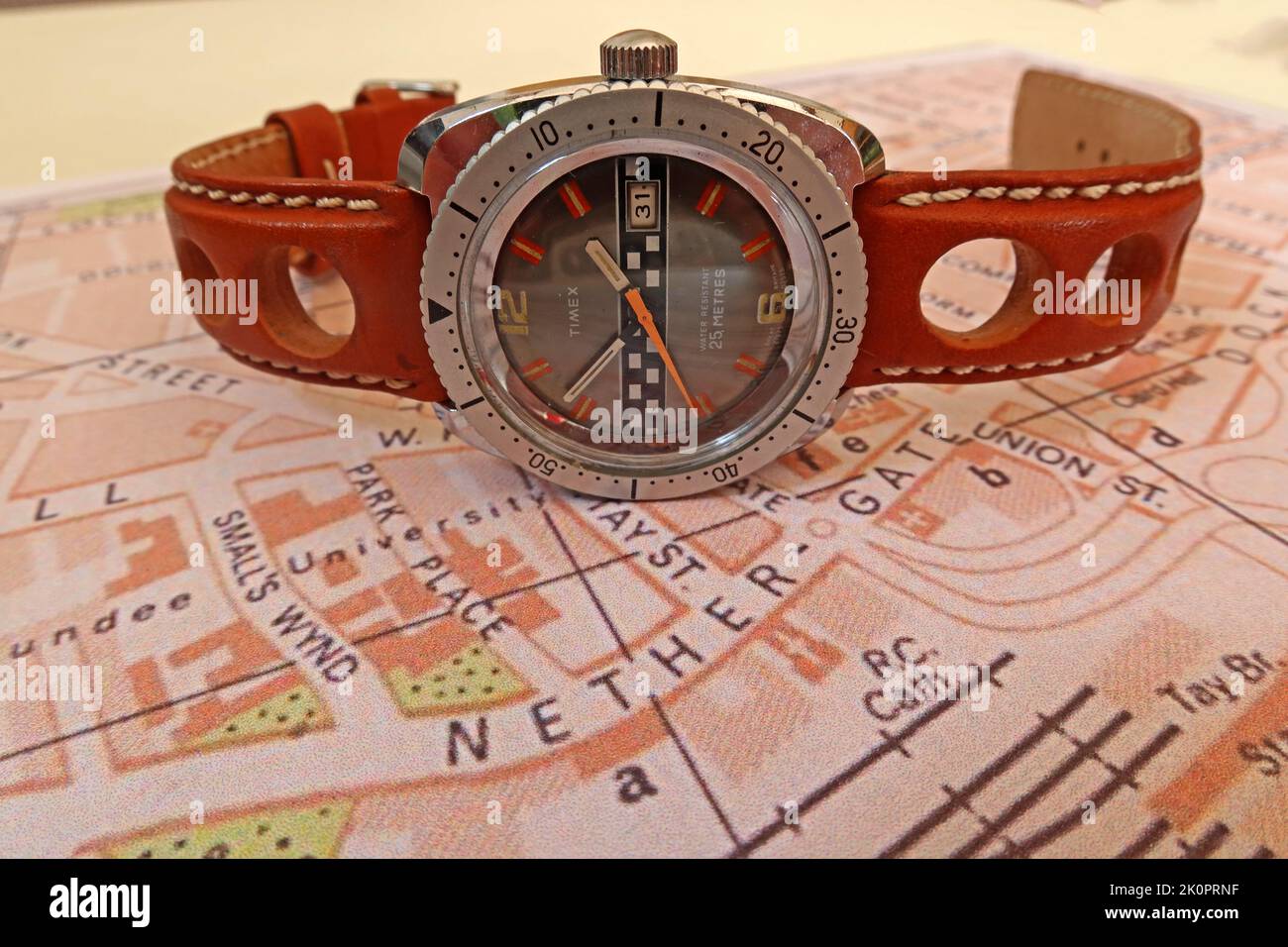 Timex Corporation Uhrenfirma, Rallye-Stil, hergestellt in 1975 Uhr, aus Timex Fabrik in Dundee, Schottland, Großbritannien Stockfoto