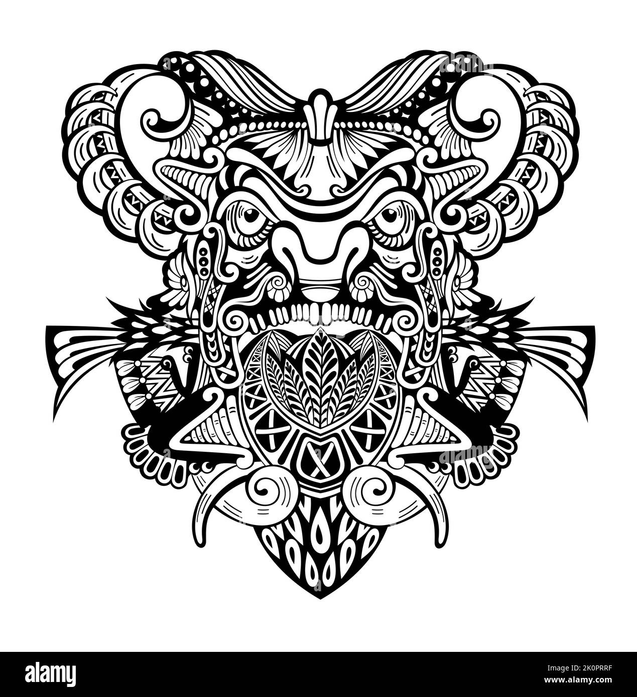 Polynesische Maske im Tattoo-Design. Natives Ornament, isoliert auf Weiß, Vektorgrafik Stock Vektor