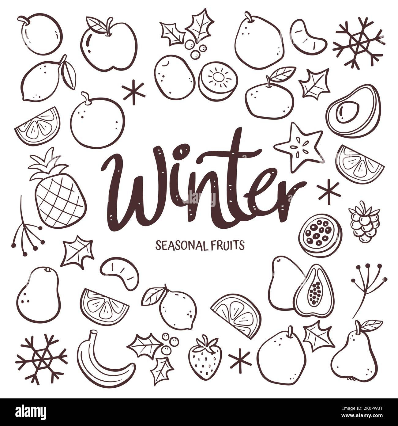 Saisonale Früchte Hintergrund. Handgezeichnete Winterfrucht-Komposition aus Doodle-Vektor-Icons, isoliert auf weißem Hintergrund. Stock Vektor