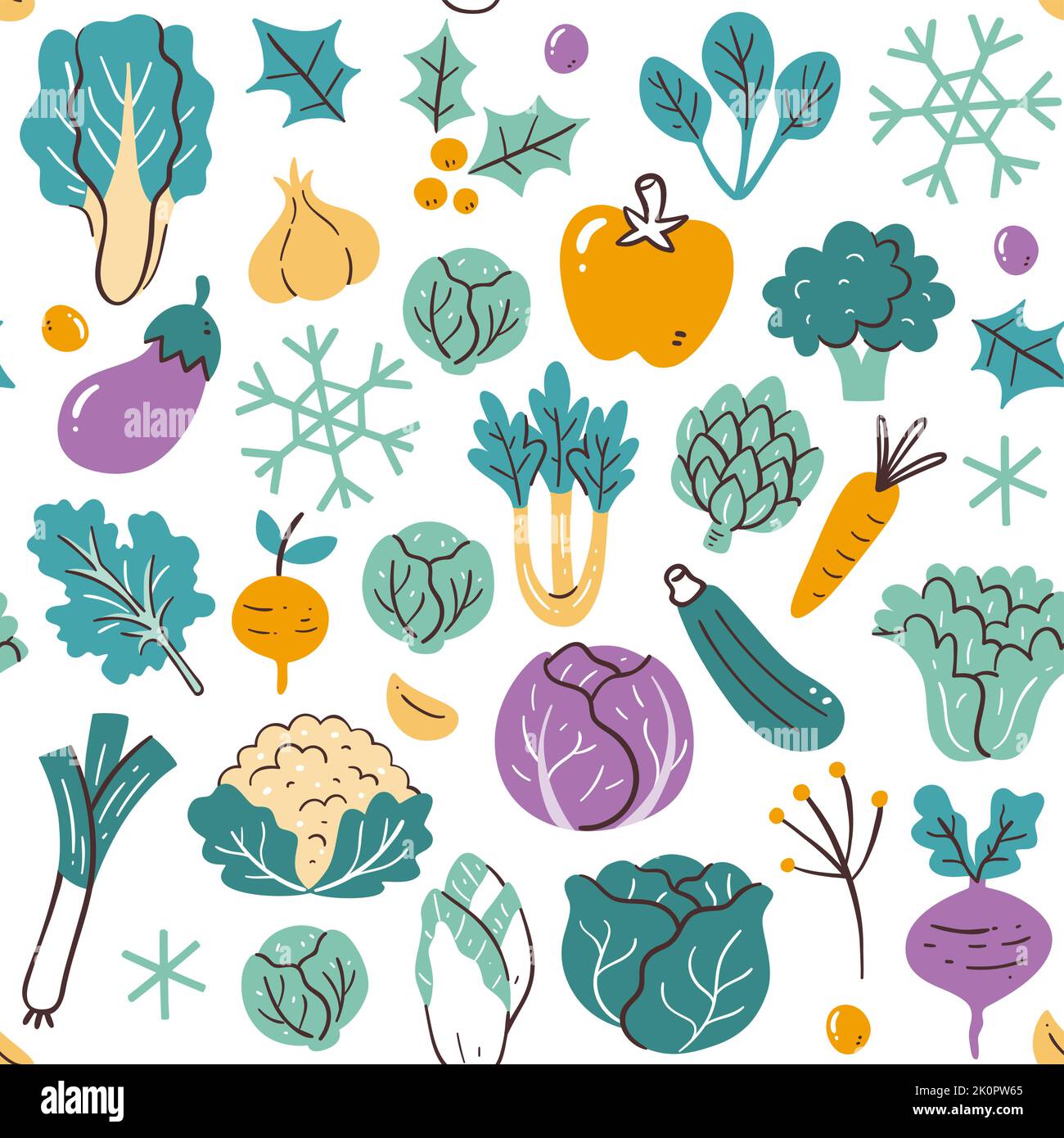 Buntes, im Winter saisonales Gemüse-Nahtloses Muster. Isoliertes Gemüse auf weißem Hintergrund. Vektorgrafik. Stock Vektor