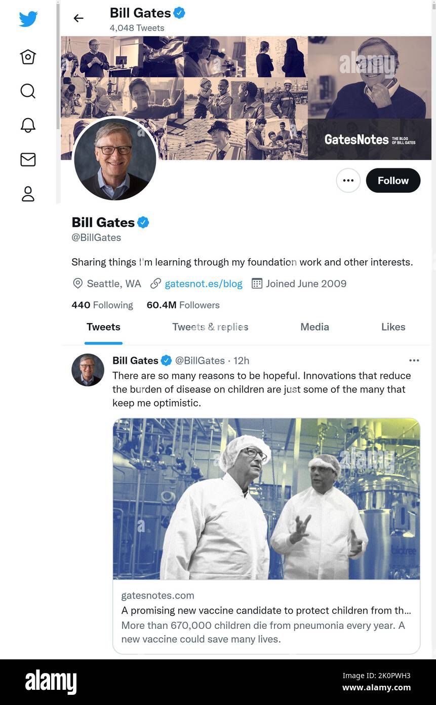 Twitter-Seite (September 2022) von Bill Gates Stockfoto