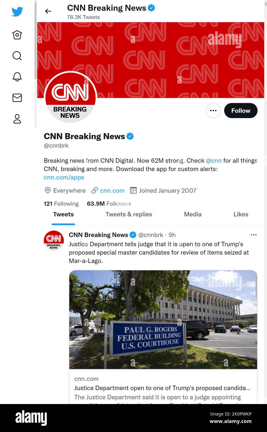 Twitter-Seite (September 2022) von CNN Breaking News Stockfoto