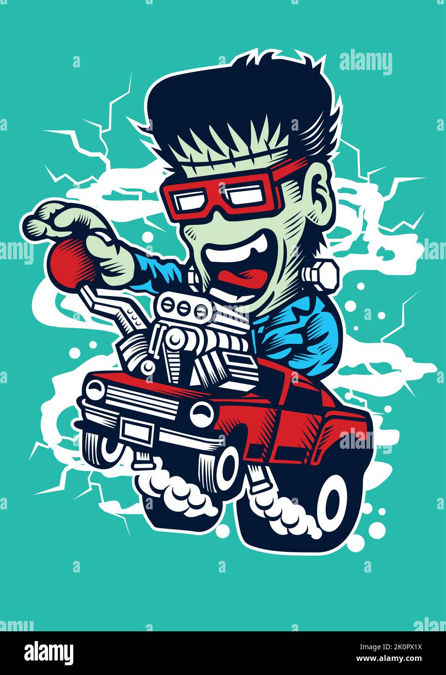 Eine vertikale Aufnahme eines Faltschachtel Frankenstein auf einem Auto auf blauem Hintergrund Stock Vektor
