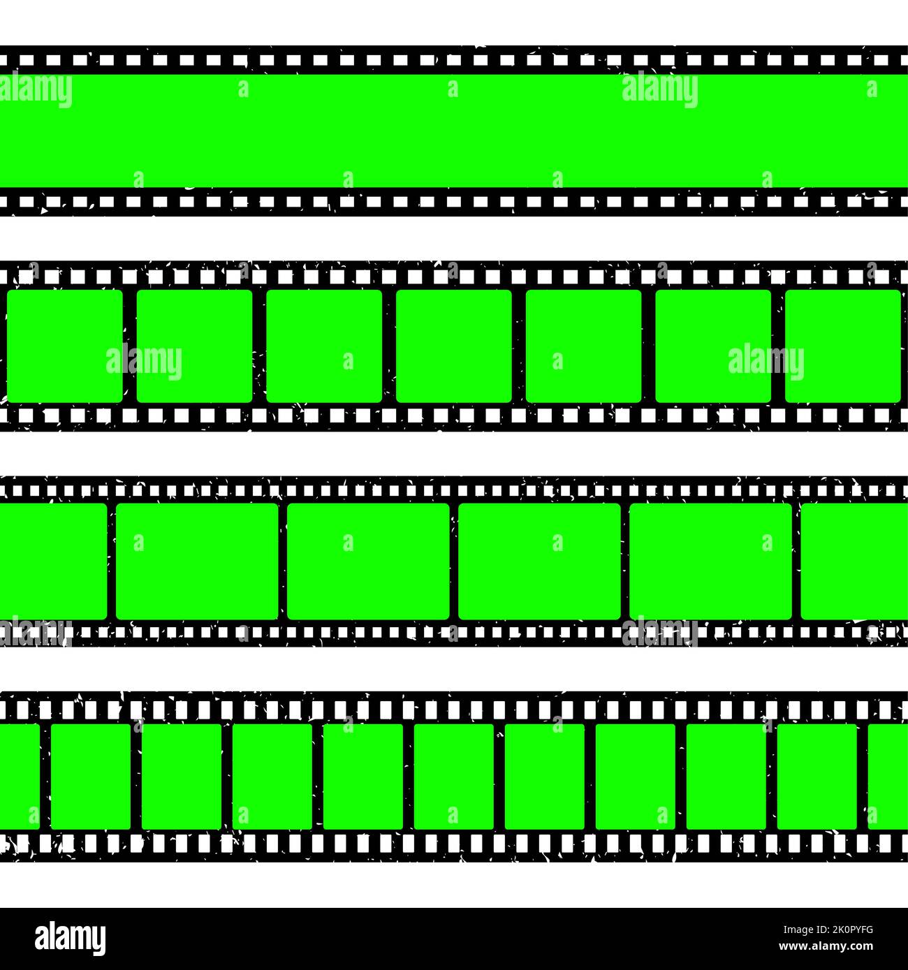 Realistischer Grunge-Filmstreifen, Kamerarolle. Alter Retro-Filmstreifen mit leerem grünem Chroma-Key-Hintergrund. Analoge Videoaufnahme und Fotografie Stock Vektor