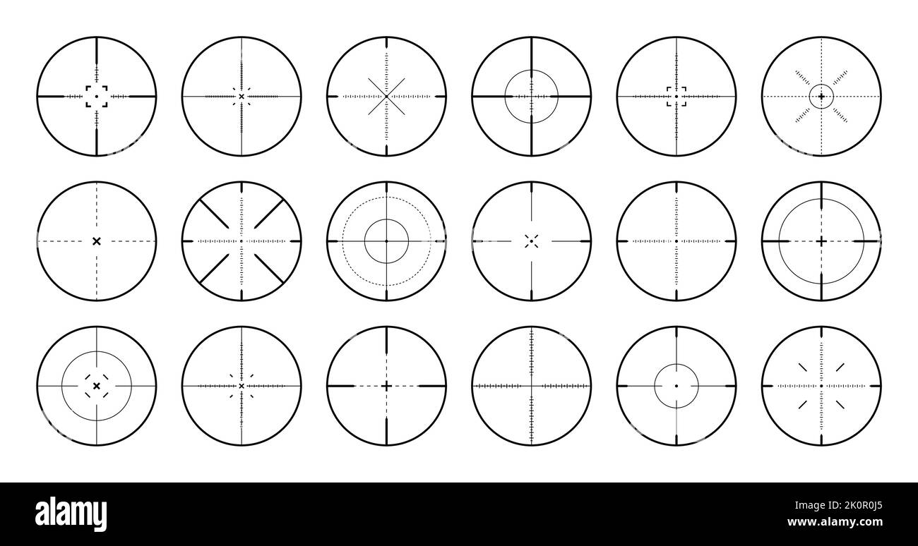Verschiedene Scharfschützengewehr Visiere, Waffe optischen Scope Fadenkreuz. Sucher für Jagdwaffen. Symbol für das Aufschießzeichen, zielen. Militärisches Zielschild. Spieloberfläche Stock Vektor
