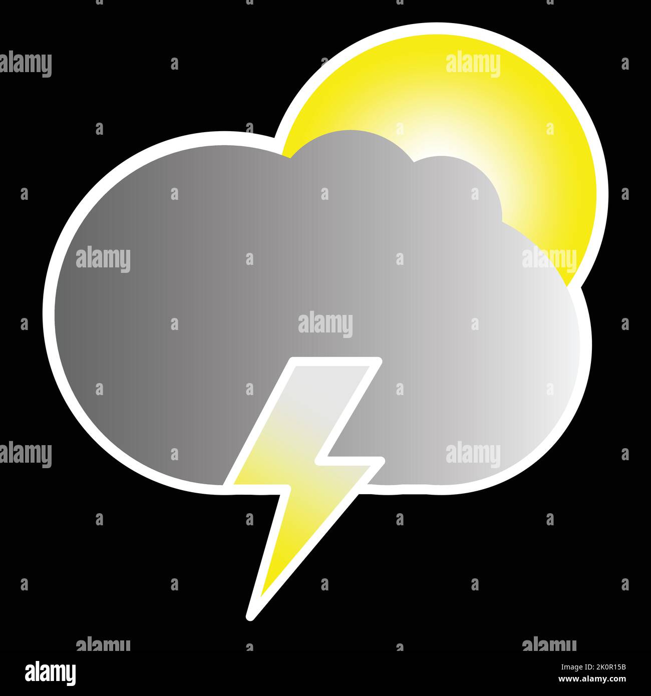 Graue Wolken mit Sonne und Blitzschlag Wetter flache Symbol auf einem schwarzen quadratischen Hintergrund isoliert Stock Vektor