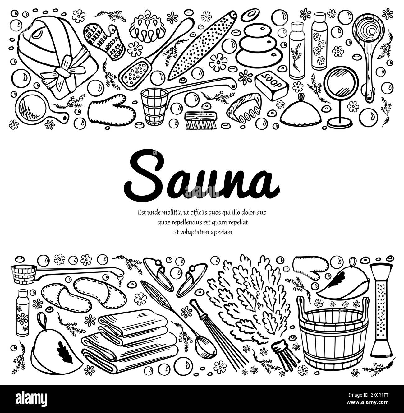 Sauna, SPA und Badezubehör. Skizze von Gegenständen im Doodle-Stil. Beidseitig horizontal dekoriert mit Platz für Text. Auf weißem Hintergrund. Vec Stock Vektor