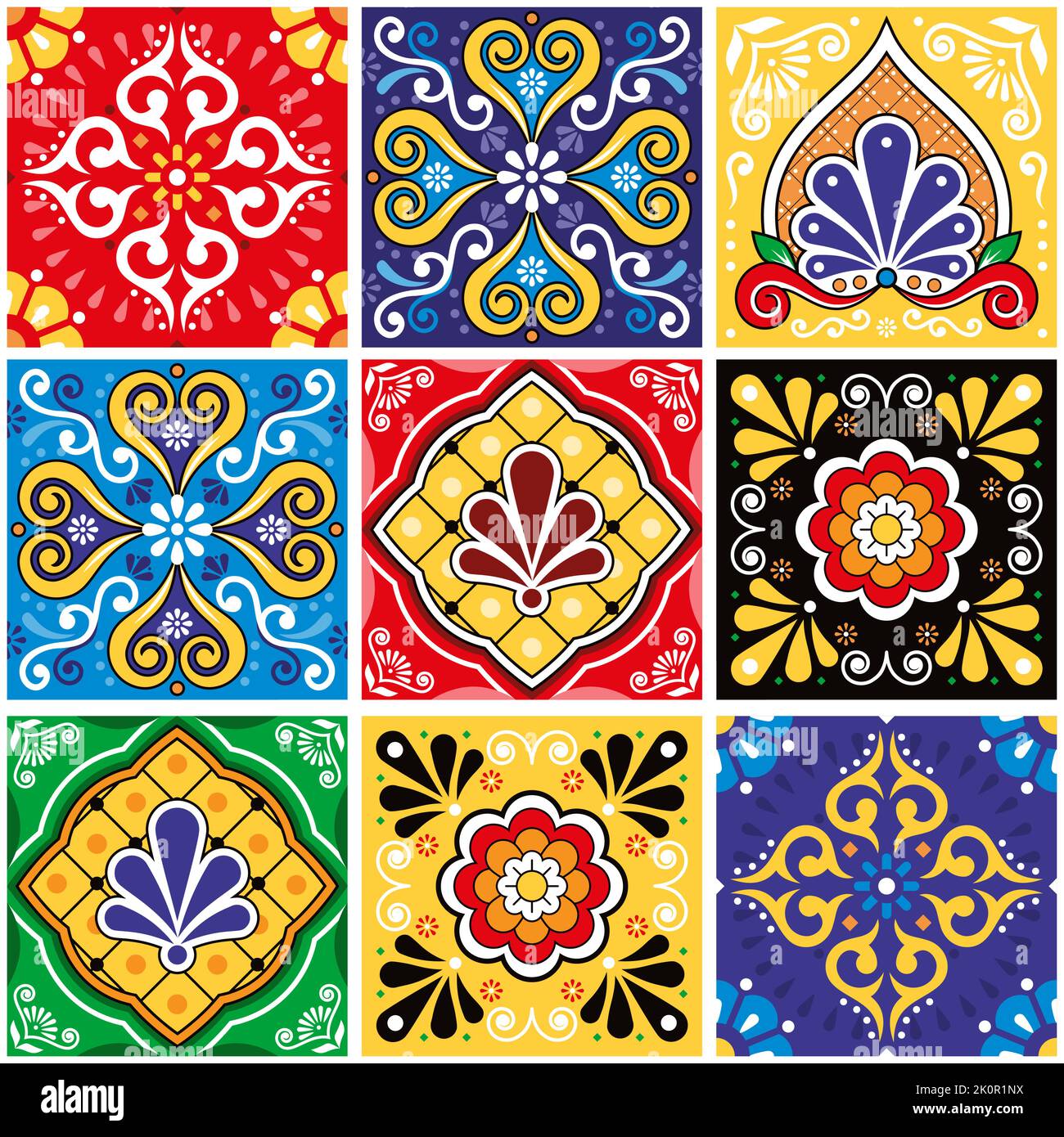 Mexiko, Mexikanisch, latein, talavera, Spanisch, Lissabon, Marokkaner, Blatt, Fliesen, Fliesen, Herz, Muster, swatch, großes Set, Mittelmeer, Hintergrund, vektor, Ele Stock Vektor