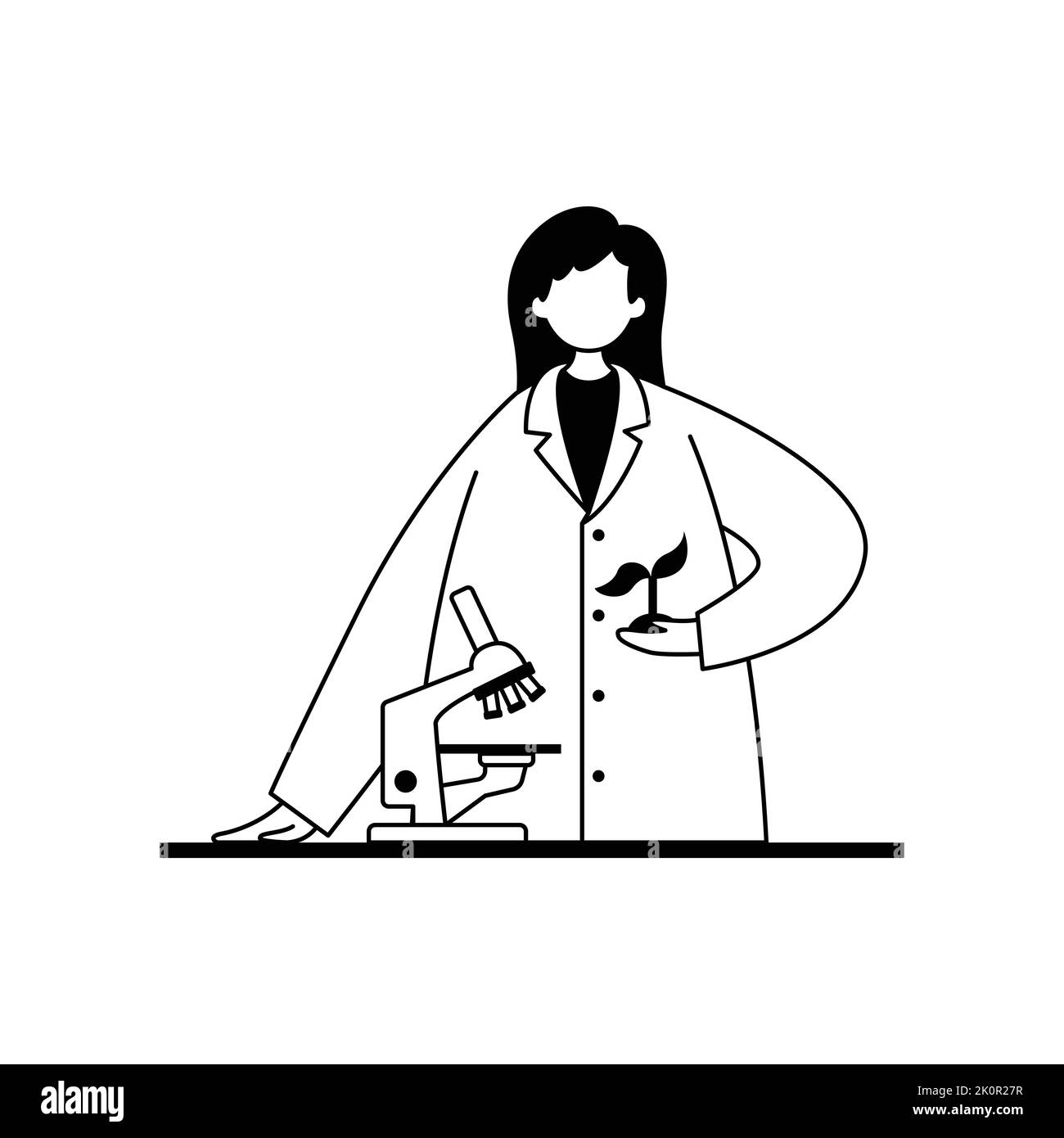 Vektordarstellung eines Biologen in einem weißen Mantel, der eine Pflanze unter dem Mikroskop untersucht. Berufe. Gliederung Stock Vektor