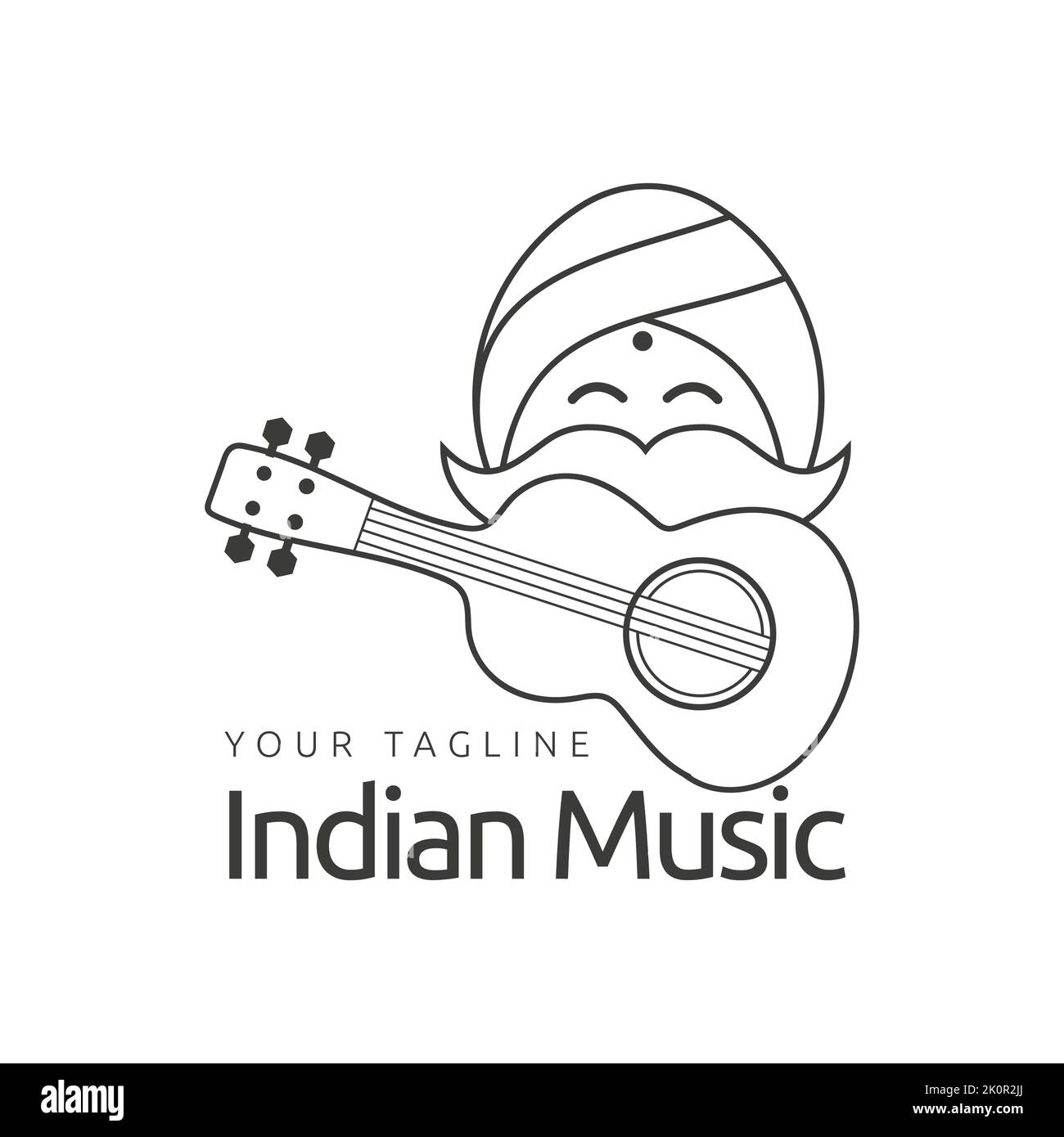 Indisches lächelndes Gesicht Mann Logo Cartoon Illustration Design, Gitarre Symbol, kreisförmige Turban Vektor-Symbol Stock Vektor