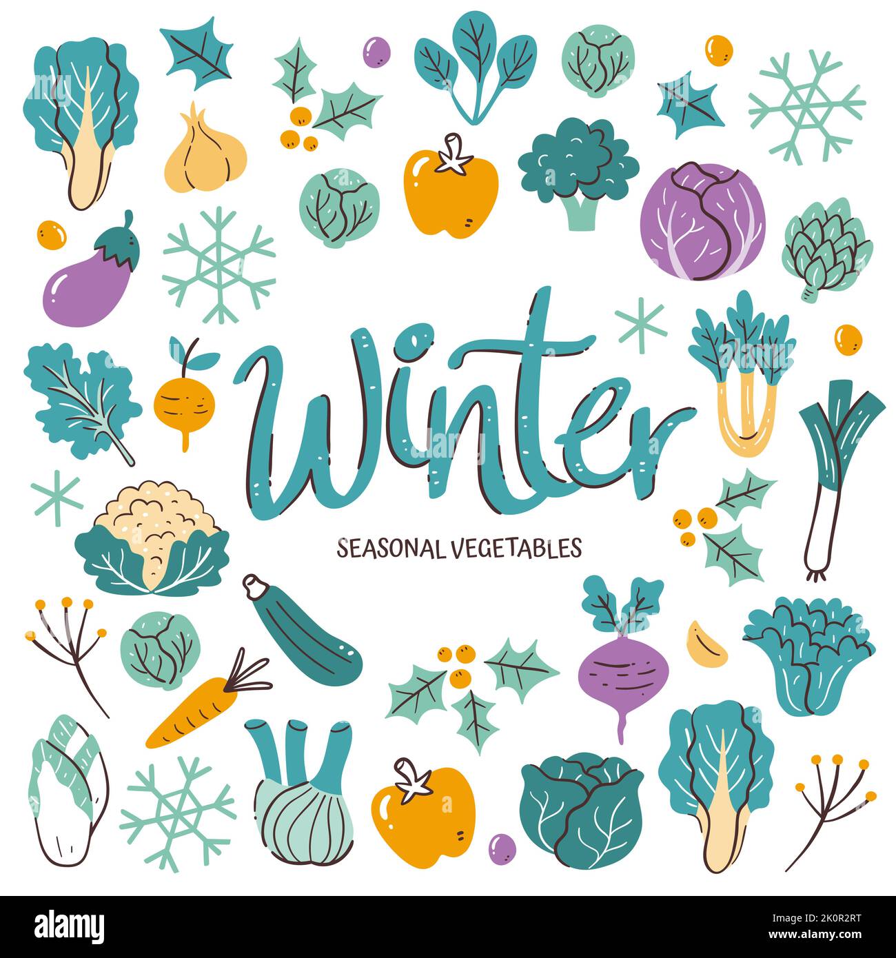 Saisonales Gemüse im Hintergrund. Wintergemüse Komposition aus bunten handgezeichneten Vektor-Icons, isoliert auf weißem Hintergrund. Stock Vektor