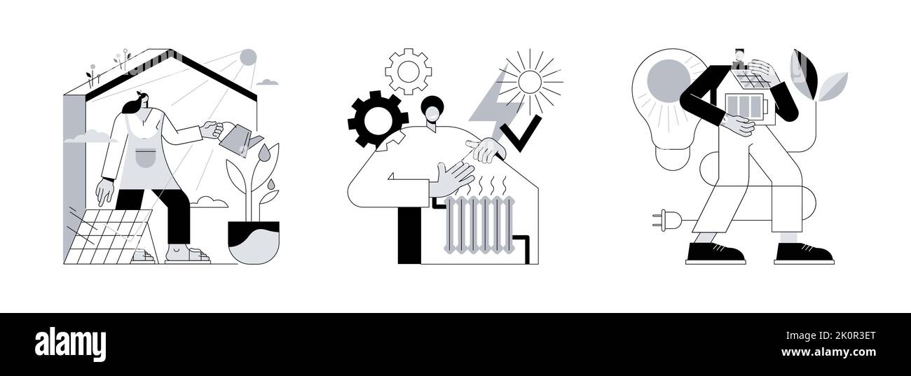 Umweltfreundliche Konstruktion abstraktes Konzept Vektor Illustration Set. Öko-Haus, Passiv- und Plusenergiegebäude, Abfallrecycling, Wärmeeffizienz, abstrakte Metapher für nachhaltiges Zuhause. Stock Vektor