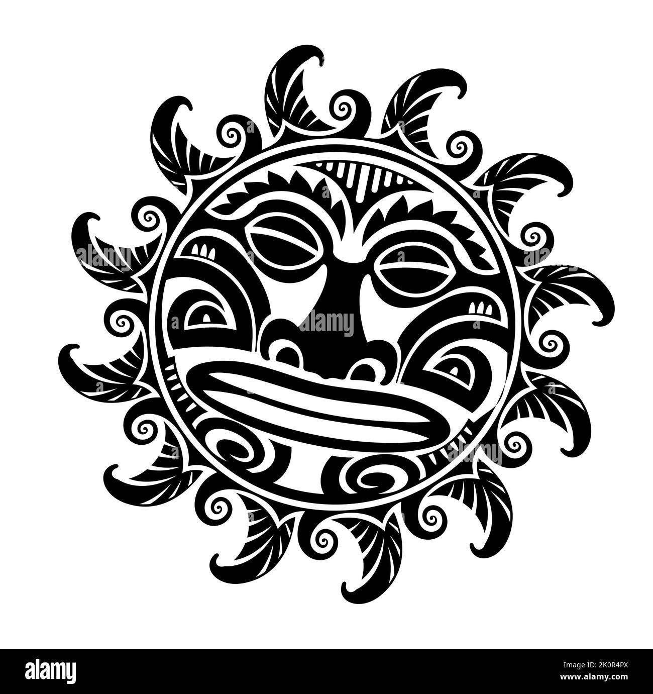 Polynesische Maske im Tattoo-Design. Natives Ornament, isoliert auf Weiß, Vektorgrafik Stock Vektor
