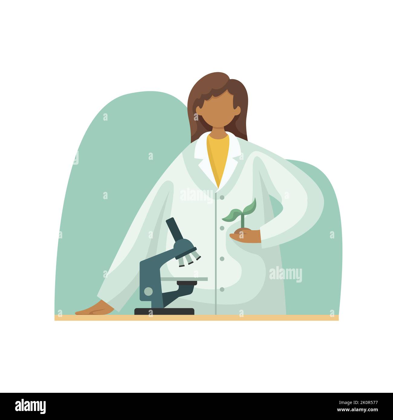 Vektordarstellung eines Biologen in einem weißen Mantel, der eine Pflanze unter dem Mikroskop untersucht. Berufe. Flacher Style Stock Vektor