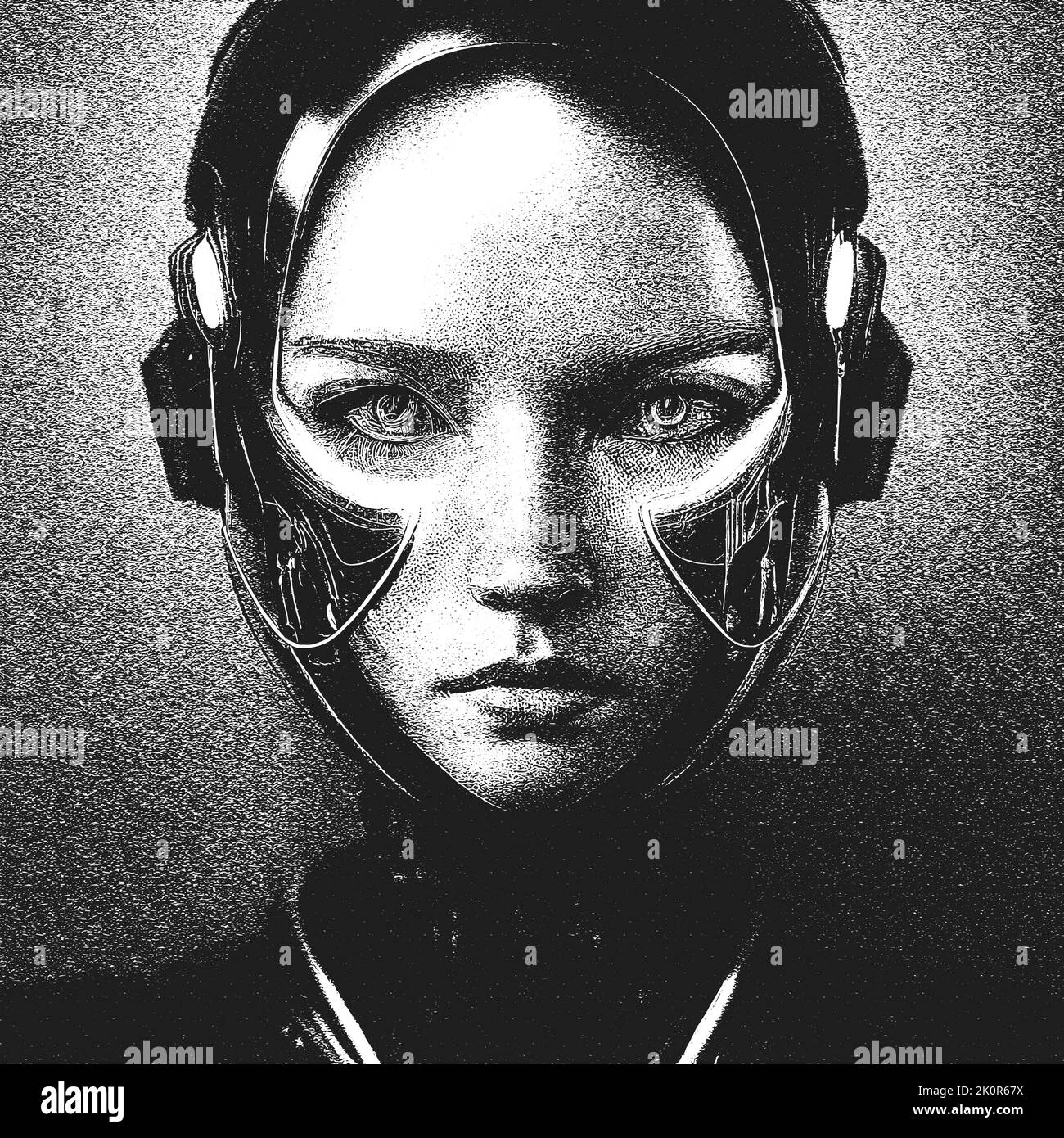 Das futuristische Porträt des Mädchens eines Außerirdischen. Rote und goldene Details. Künstliche Intelligenz. Vektorgrafik. Stock Vektor