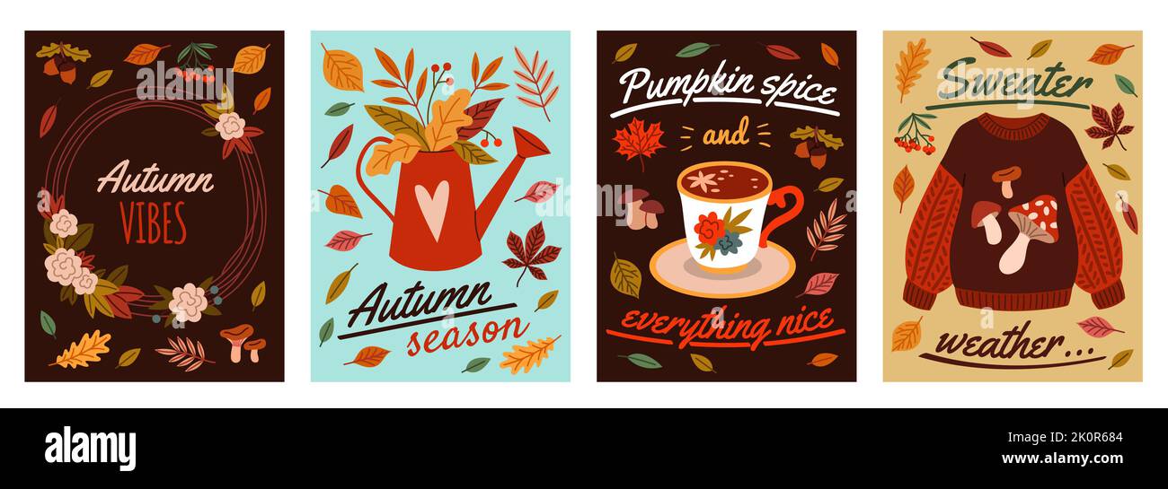 Cartoon Herbst Elemente Karten. Herbststimmung Poster, gelb orange Blätter, warmer Pullover, heißes Getränk, saisonale Natur Symbole, Pflanzen und Beeren, gemütlich Stock Vektor