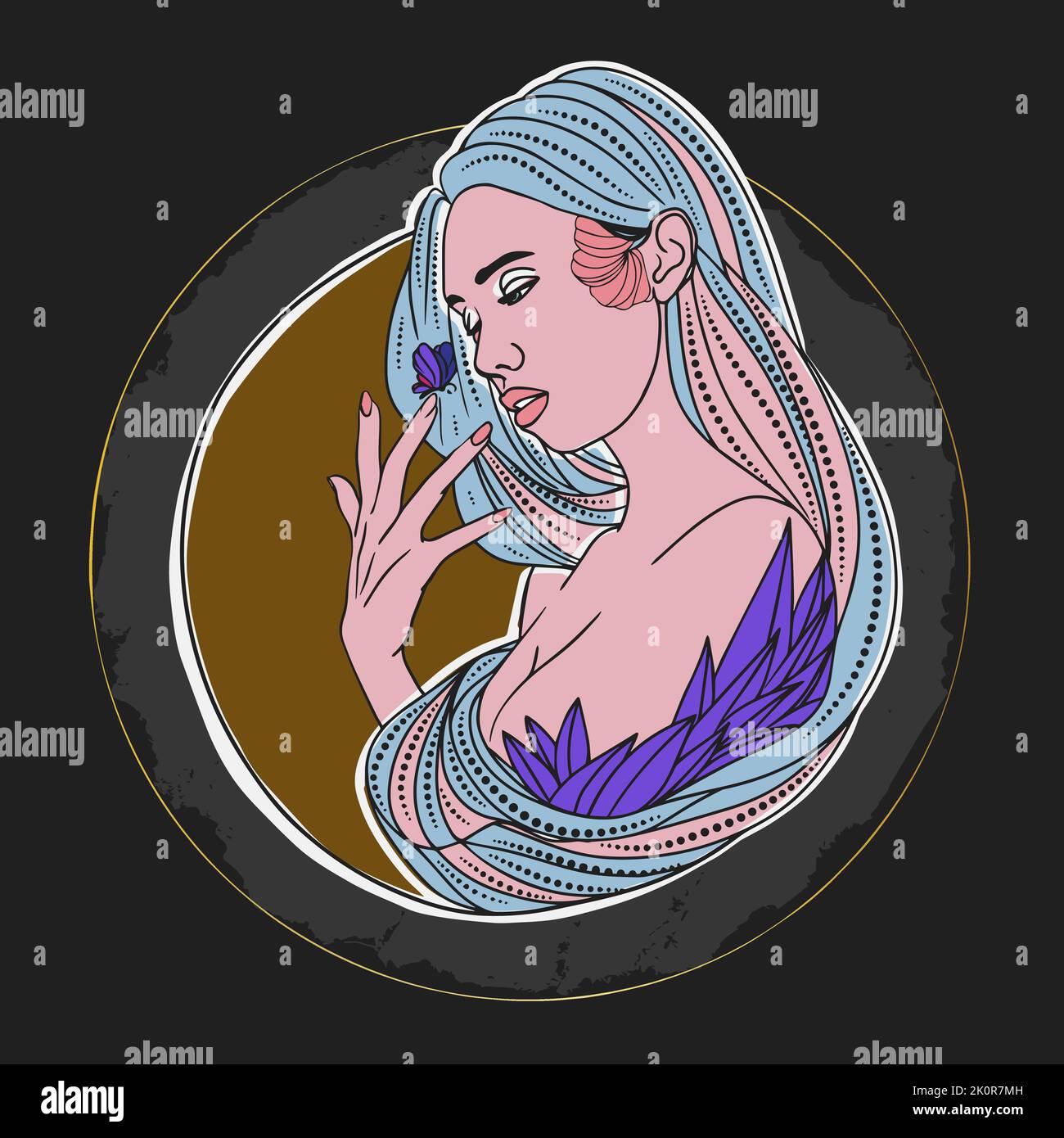 Schönes Porträt eines Mädchens mit Chicano Schmuck und Tattoos, runde Komposition auf dunklem Hintergrund Stock Vektor