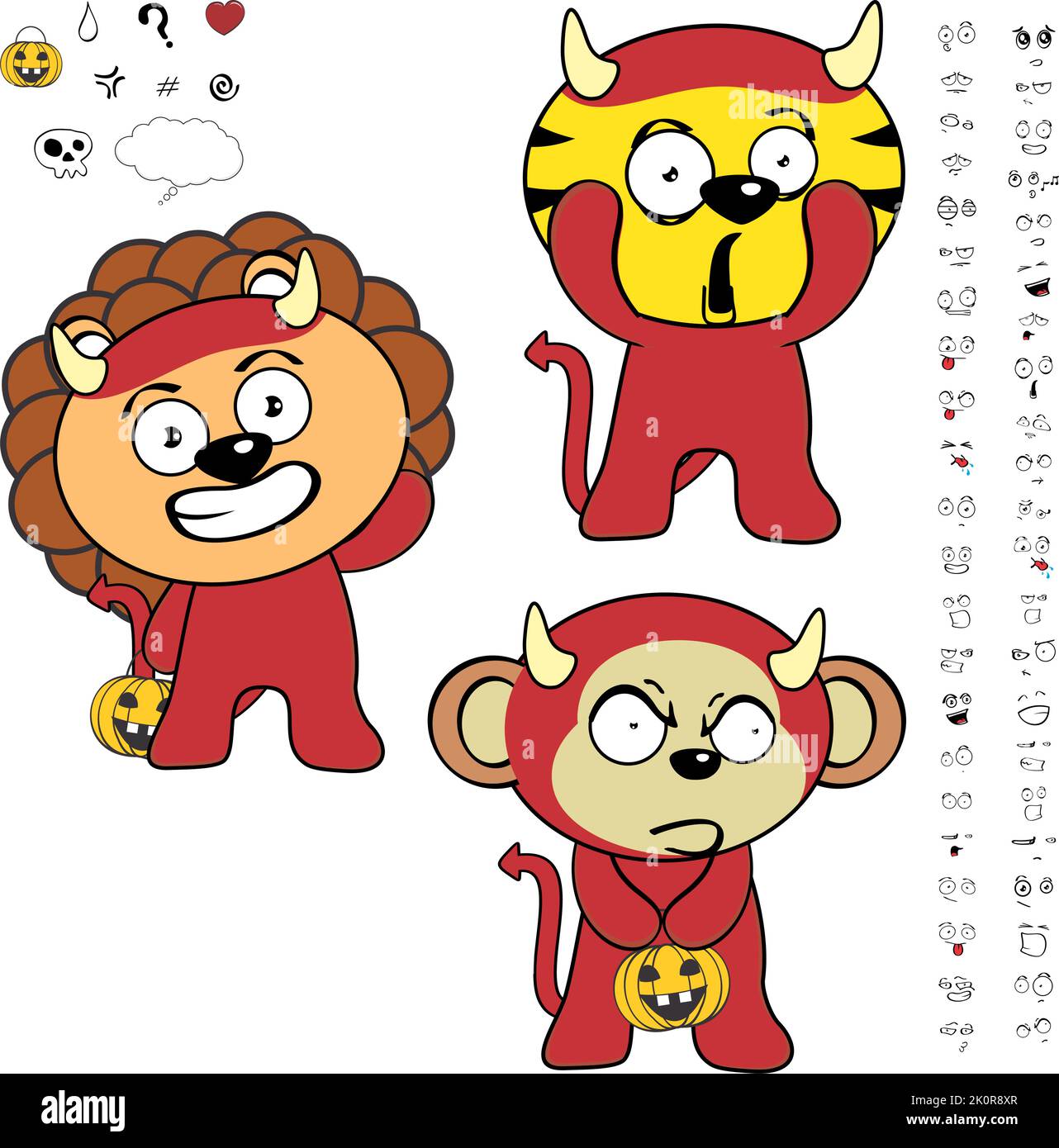 Süße halloween Tiere Cartoon Ausdrücke Set Teufel Kostüm im Vektor-Format Stock Vektor