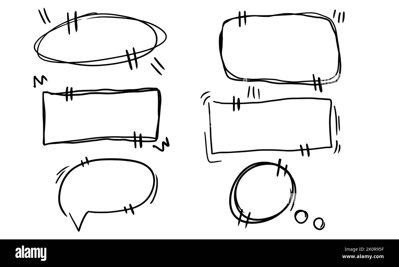 Felder für Anführungszeichen und Phrasen im Doodle-Stil. Eine Sammlung handgezeichneter Nachrichten und Dialoge. Cartoon-Feedback und Kommunikation im Linienstil. Speec Stock Vektor