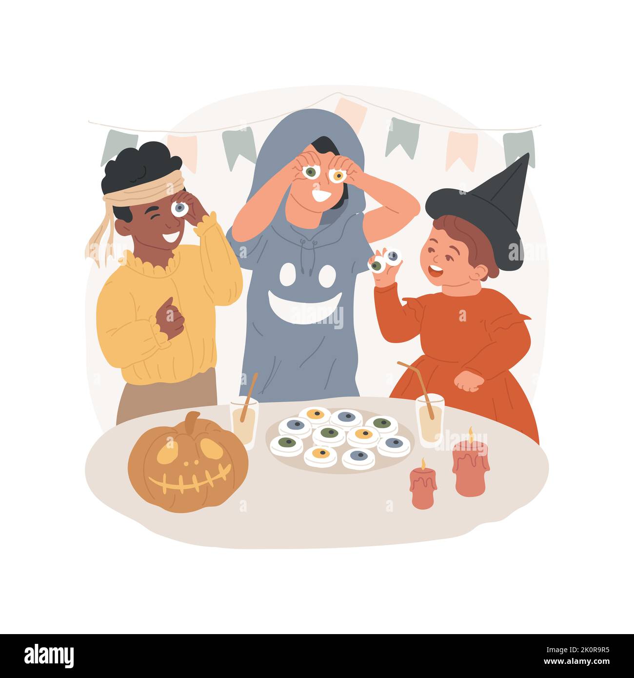 Lebensmittel Witze isoliert Cartoon Vektor Illustration. Glückliche Kinder spielen Tricks während der Party mit Süßigkeiten, Halloween Essen Witze, Spaß zusammen, Feiertag Feier Vektor Cartoon. Stock Vektor